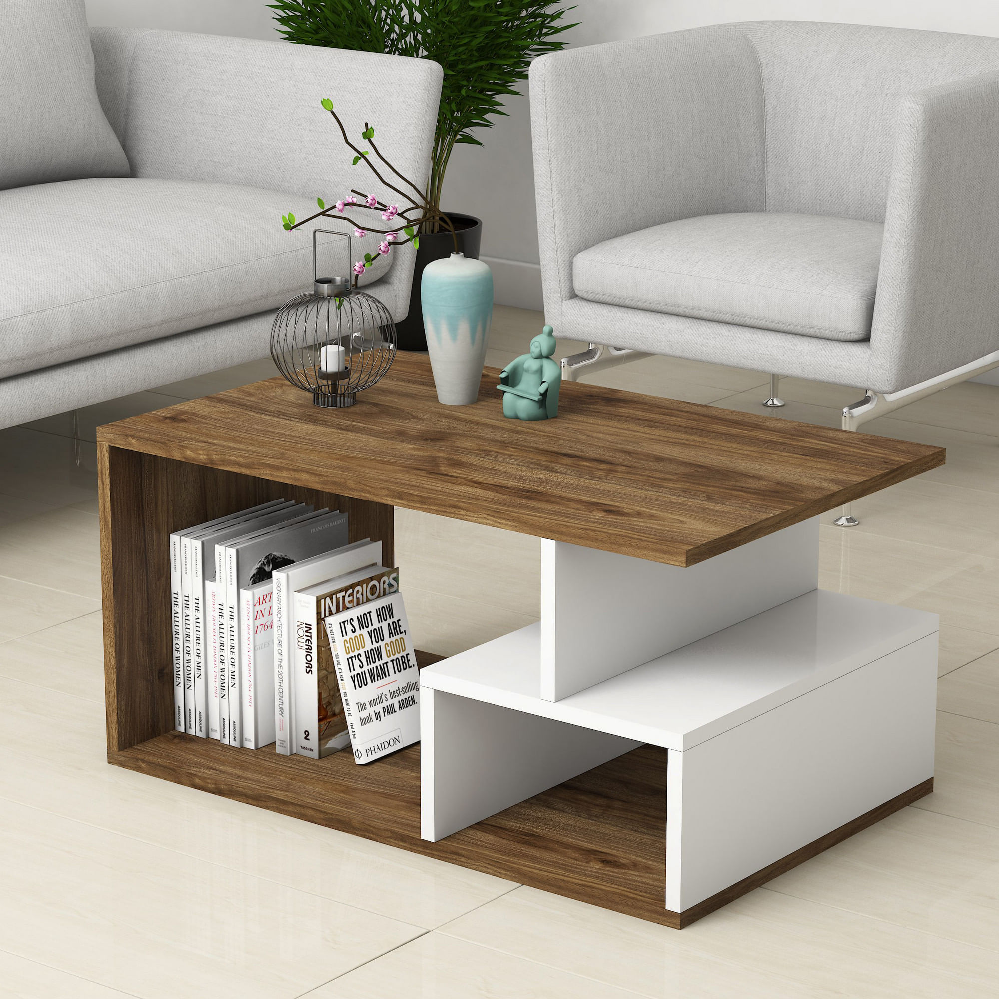Masuta de cafea, Hanah Home, pal melaminat, nuc inchis alb, 90x54x42 cm — imaginea 2