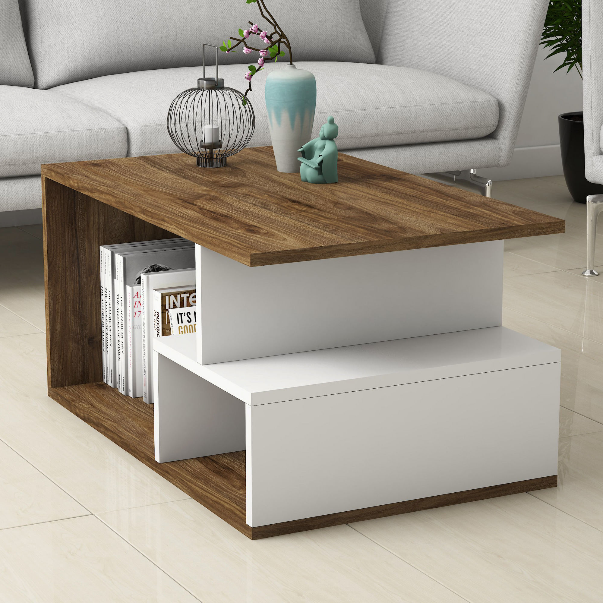 Masuta de cafea, Hanah Home, pal melaminat, nuc inchis alb, 90x54x42 cm — imaginea 3