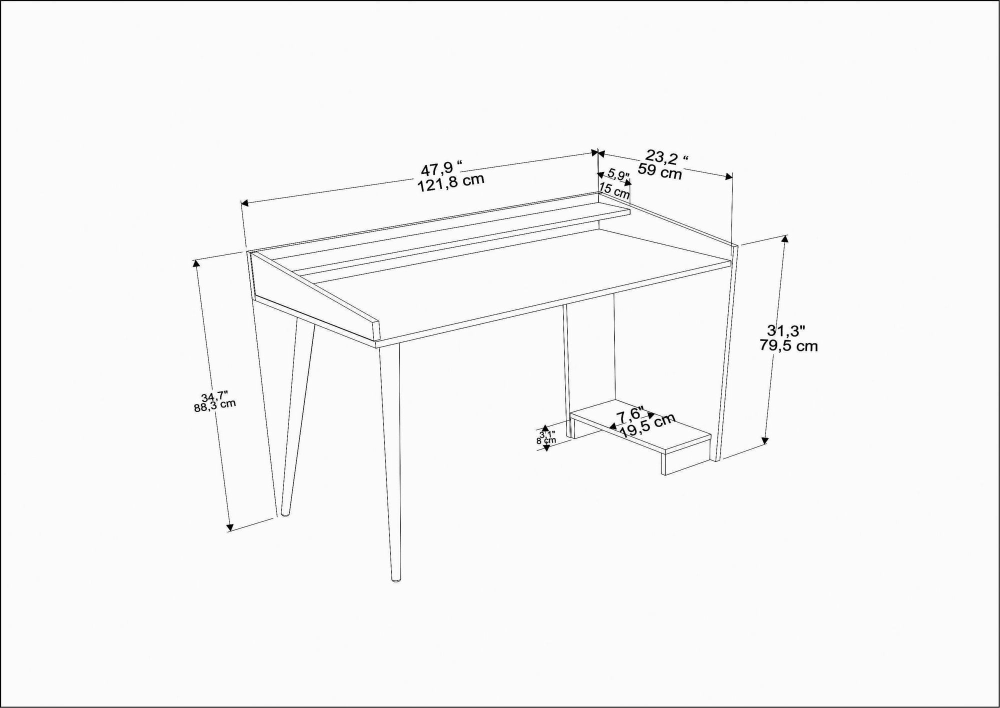 Birou de studiu, Hanah Home, pal melaminat, negru, 121.8x59x88.3 cm