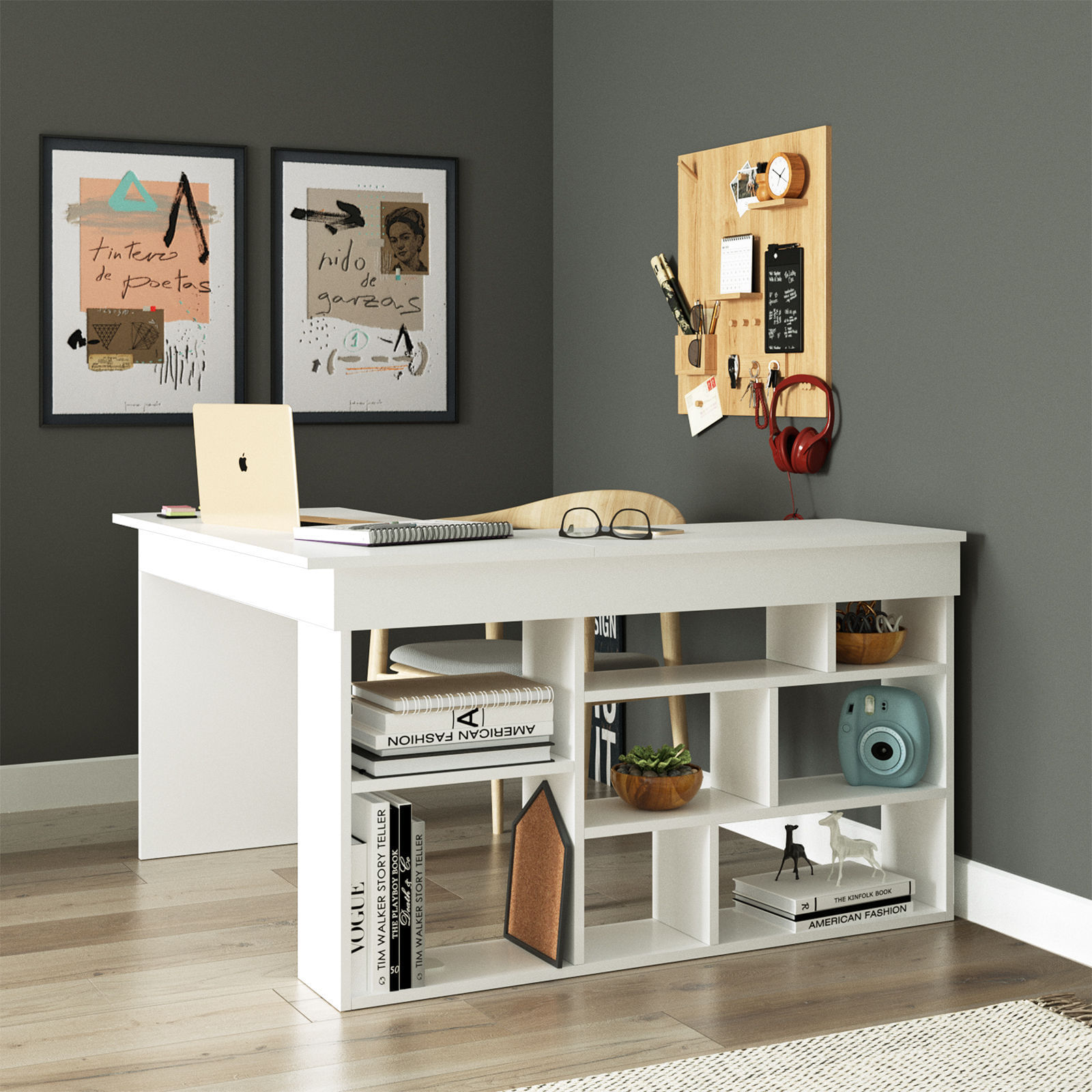 Birou de studiu, Hanah Home, pal melaminat, alb, 129x120x72 cm — imaginea 3