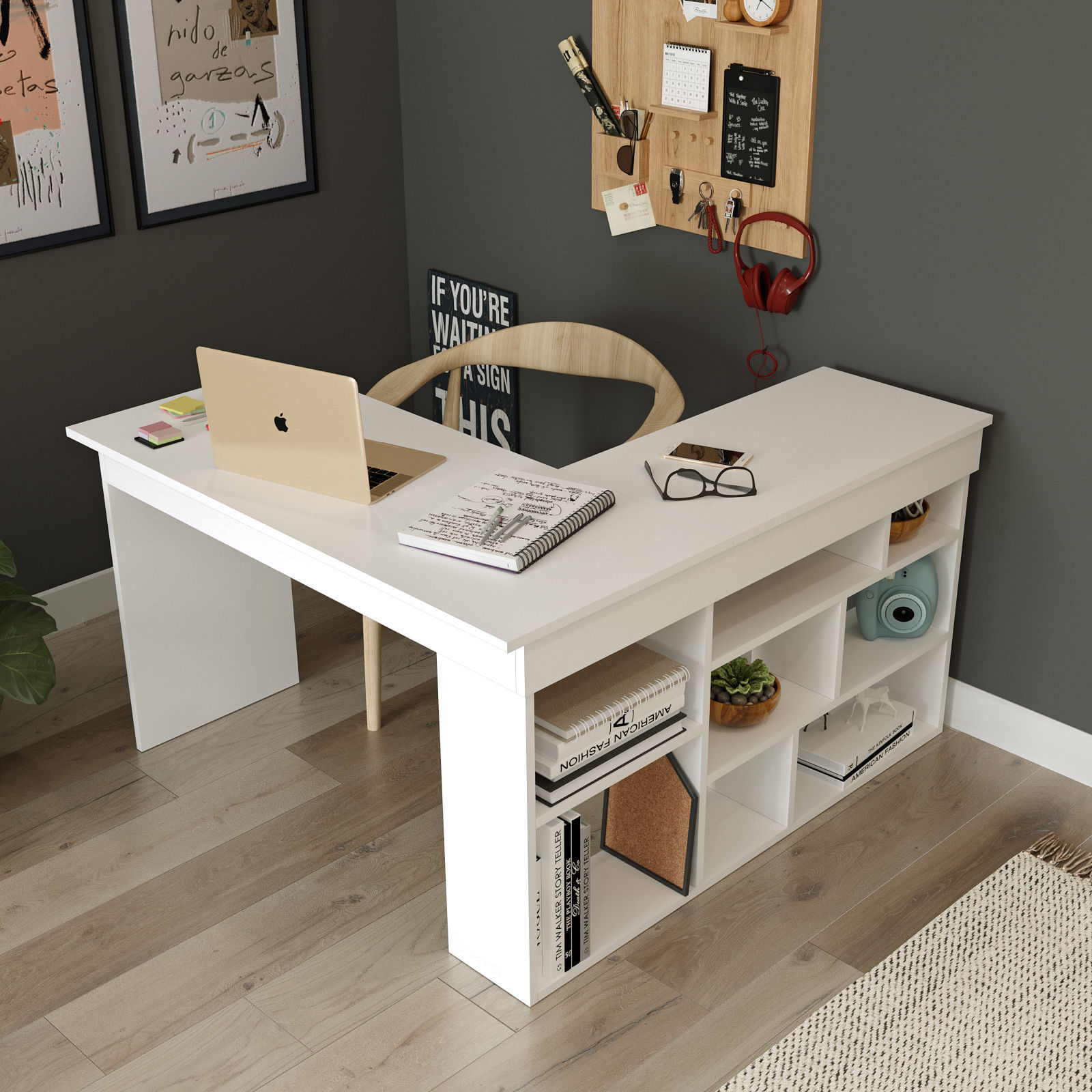 Birou de studiu, Hanah Home, pal melaminat, alb, 129x120x72 cm — imaginea 4