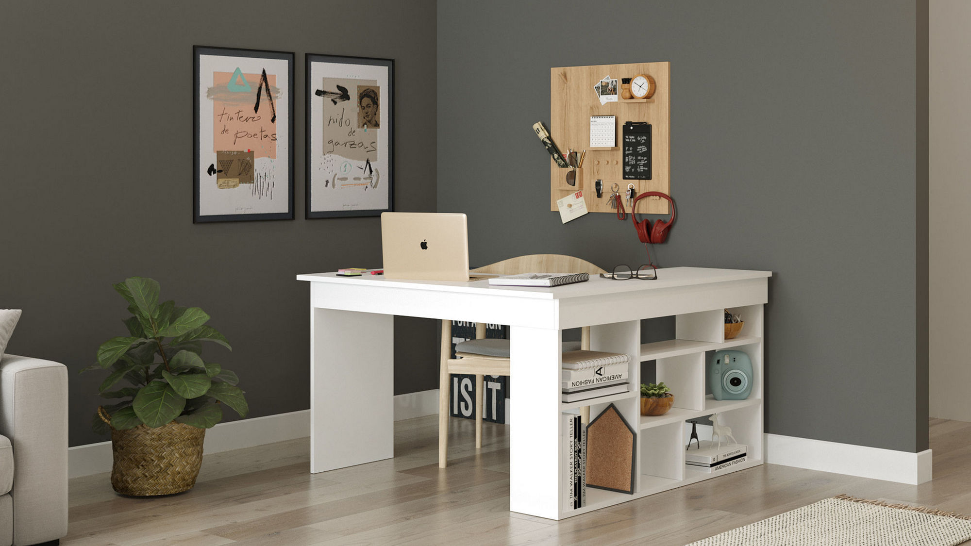 Birou de studiu, Hanah Home, pal melaminat, alb, 129x120x72 cm — imaginea 5
