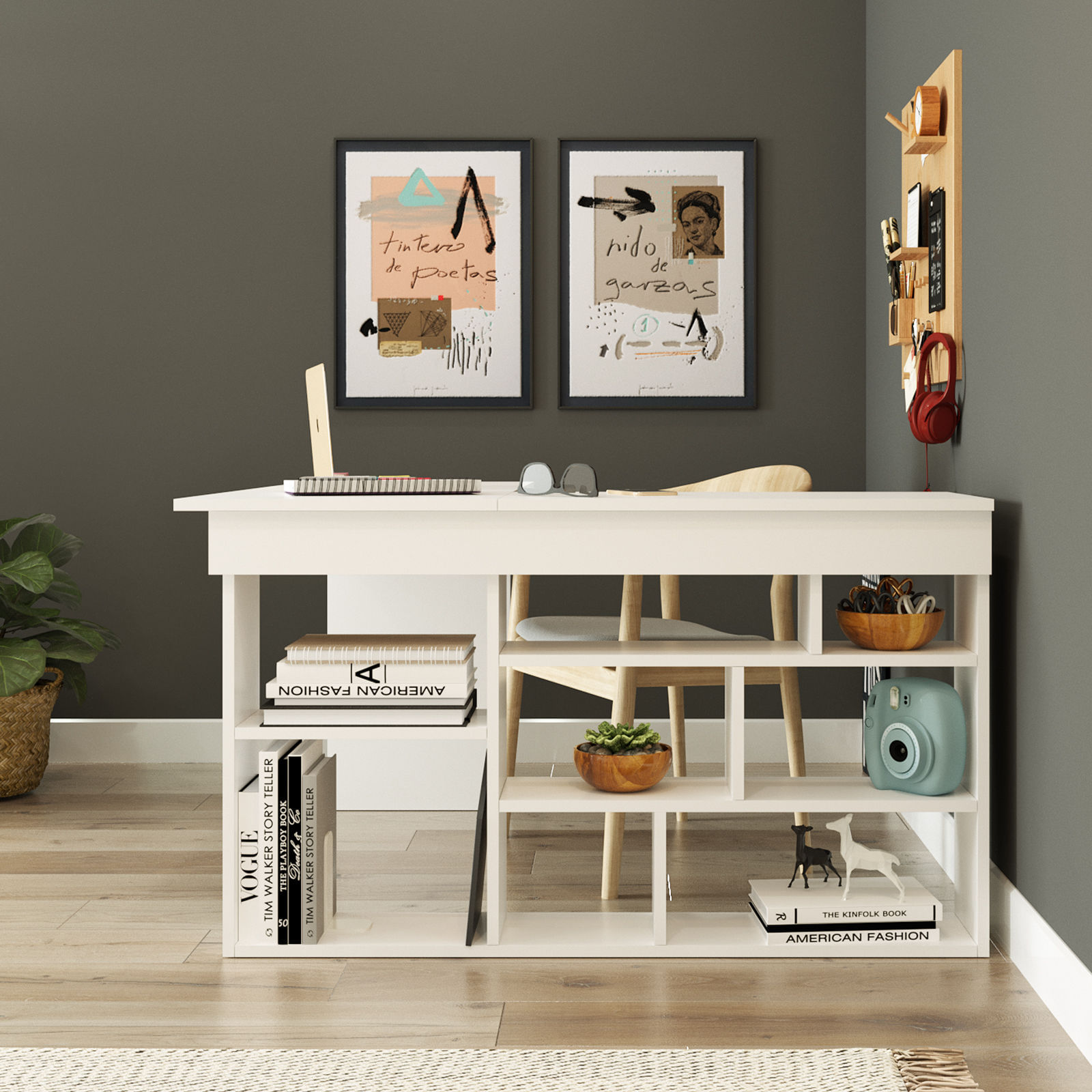 Birou de studiu, Hanah Home, pal melaminat, alb, 129x120x72 cm — imaginea 6