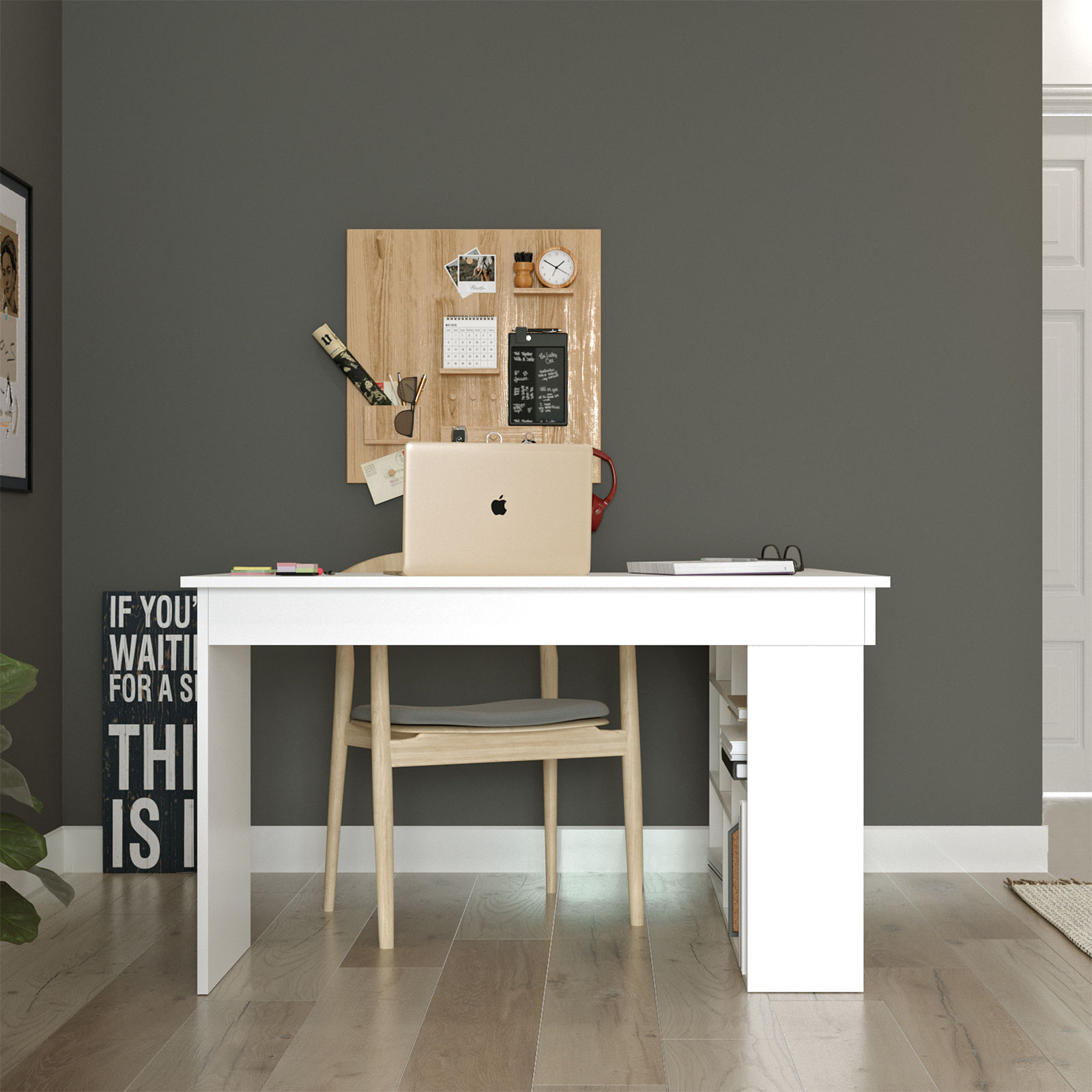 Birou de studiu, Hanah Home, pal melaminat, alb, 129x120x72 cm — imaginea 7