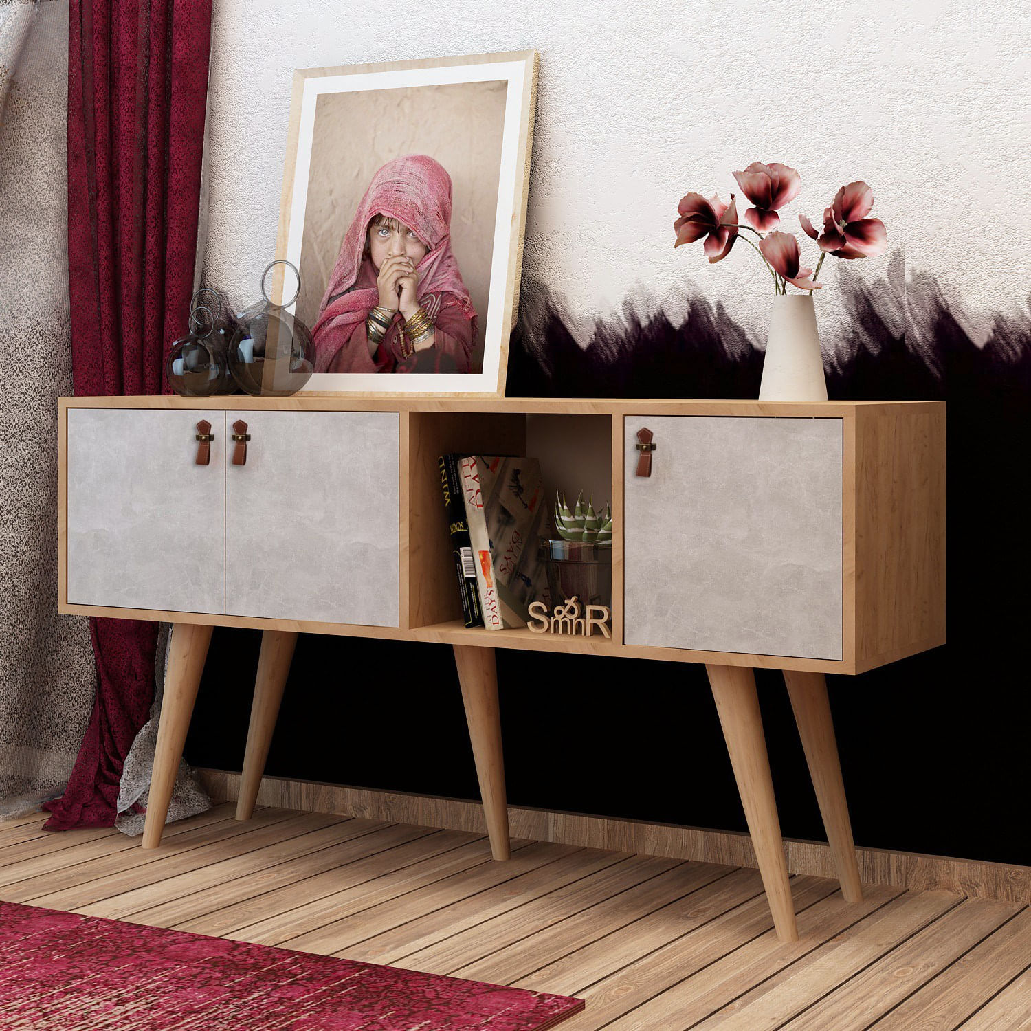 Comoda, Hanah Home, pal melaminat, stejar si alb, 140x40x80 cm — imaginea 3