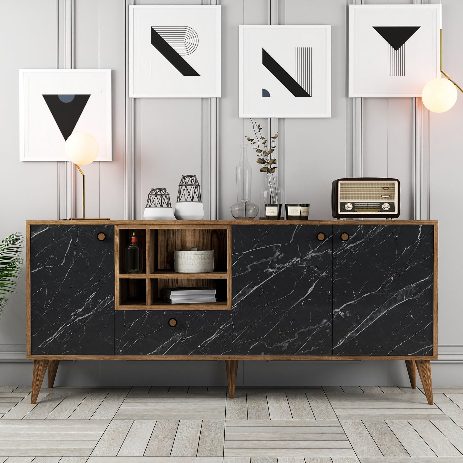 Consola, Hanah Home, pal melaminat, negru si nuc, 180x35x81 cm — imaginea 4