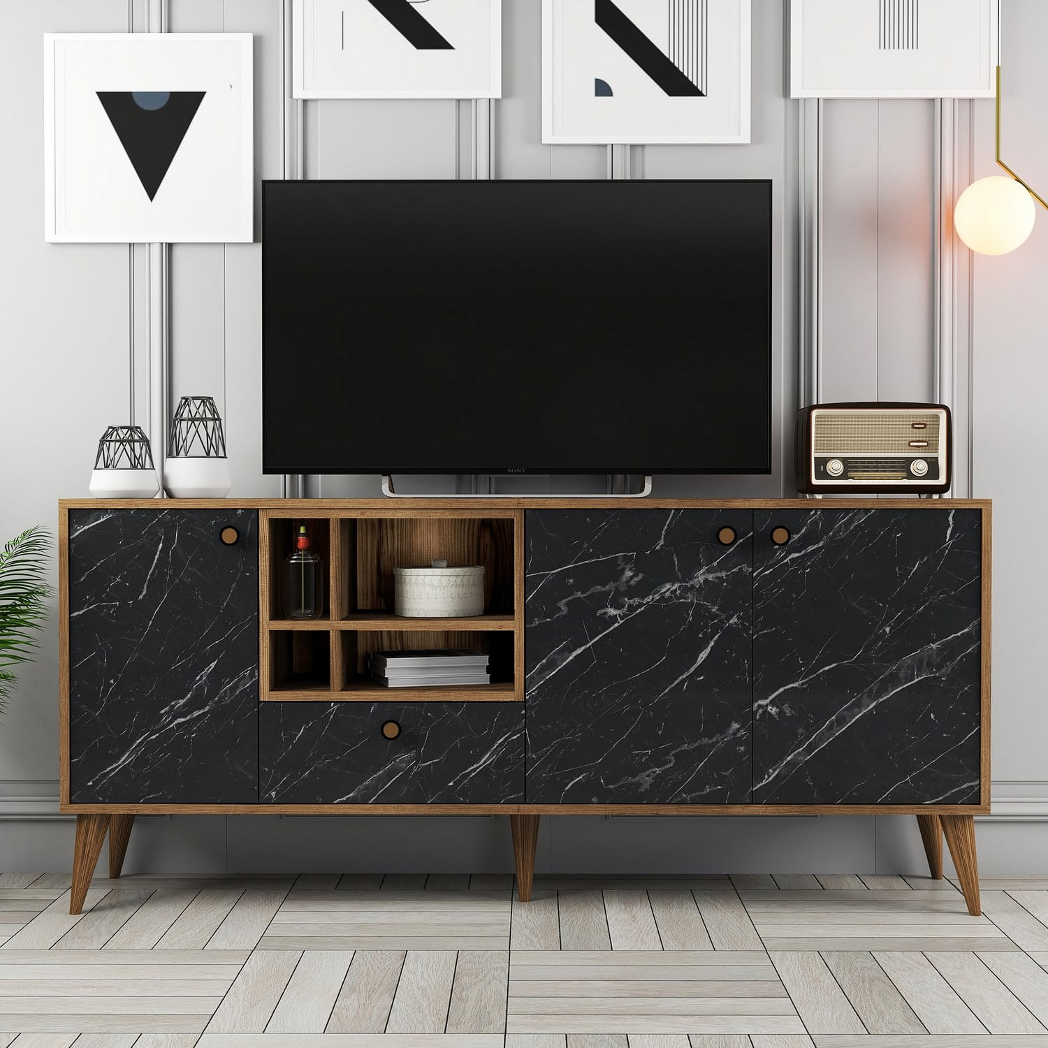 Consola, Hanah Home, pal melaminat, negru si nuc, 180x35x81 cm — imaginea 6