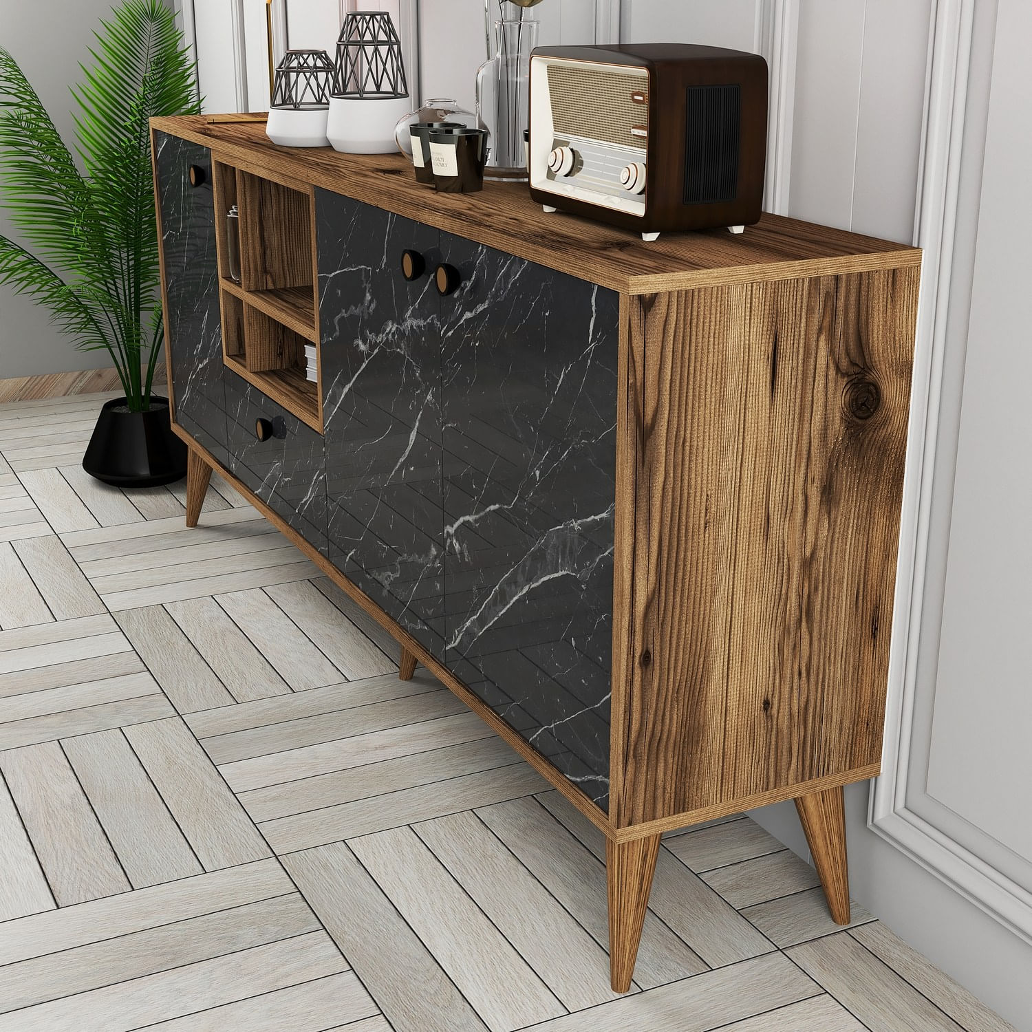 Consola, Hanah Home, pal melaminat, negru si nuc, 180x35x81 cm — imaginea 7