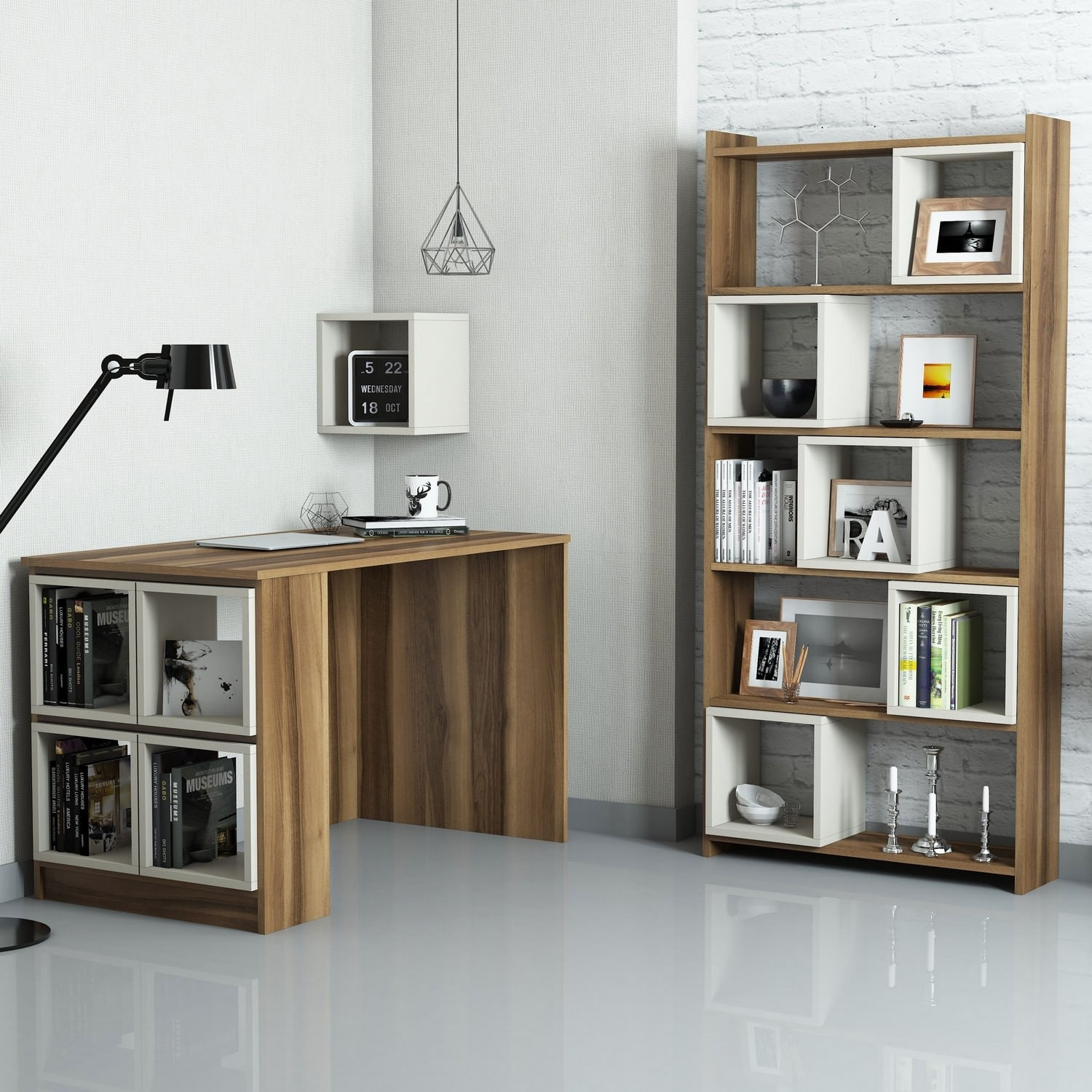 Birou cu rafturi, Hanah Home, pal melaminat, nuc si crem, 120x65x75 cm — imaginea 2