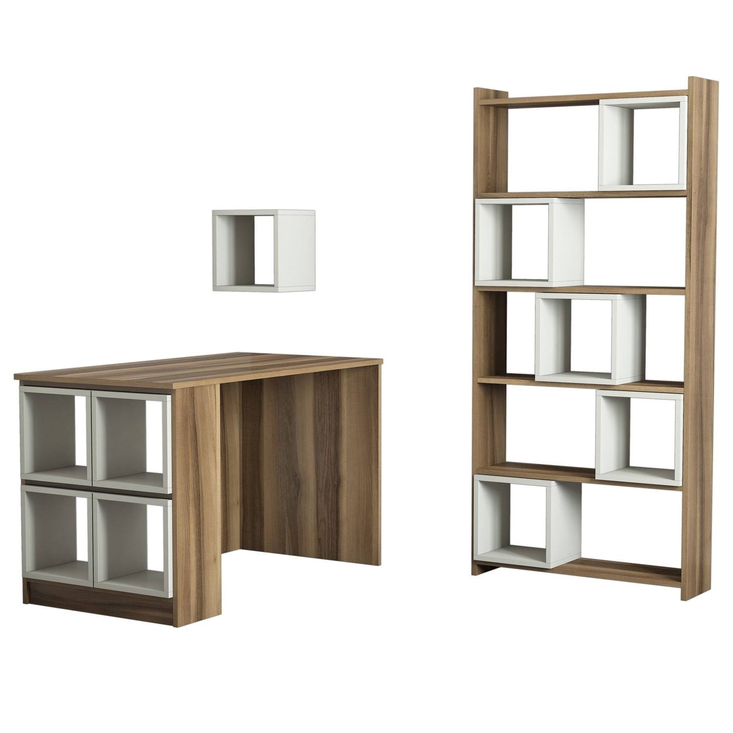 Birou cu rafturi, Hanah Home, pal melaminat, nuc si crem, 120x65x75 cm — imaginea 3