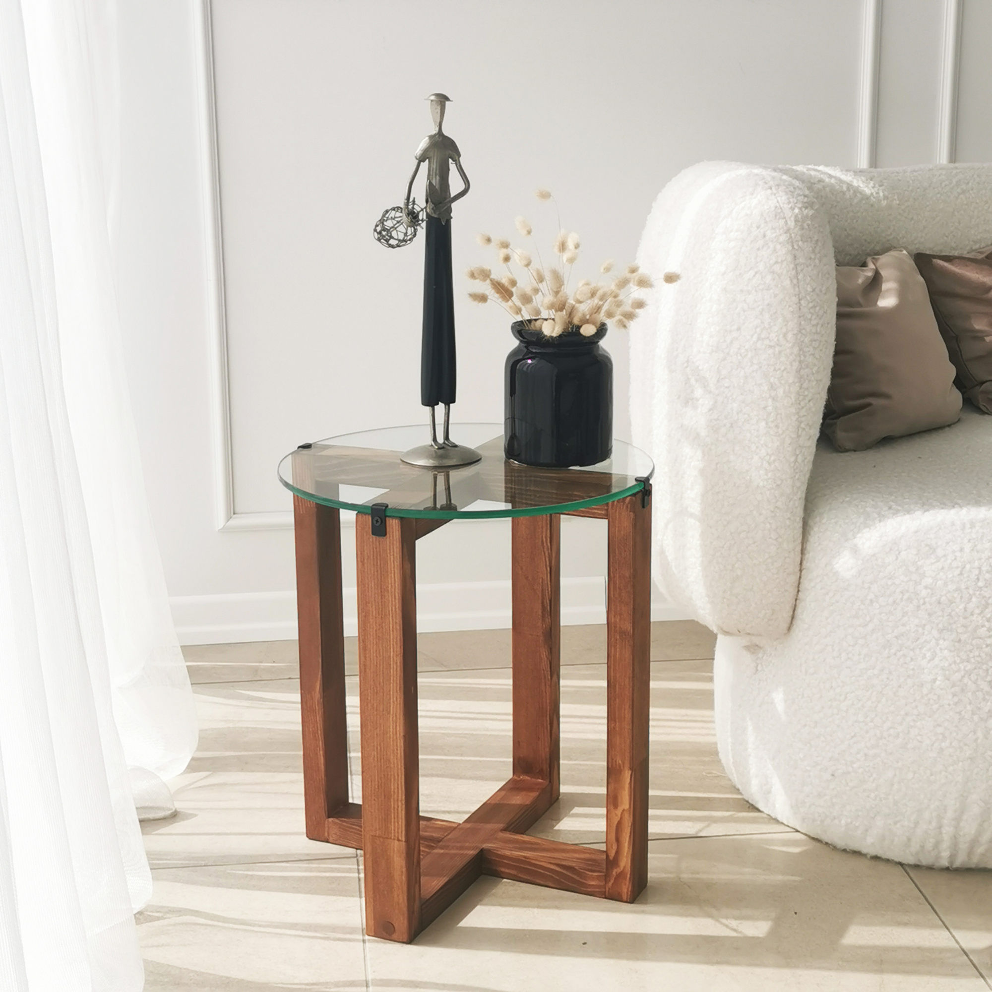 Set masute de cafea, Hanah Home, sticla calita si lemn masiv, nuc, diametru 40 cm, inaltime 45/50 cm — imaginea 2