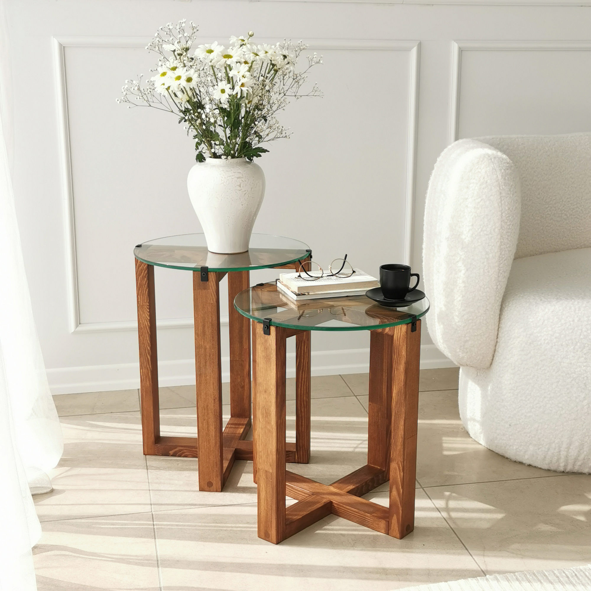 Set masute de cafea, Hanah Home, sticla calita si lemn masiv, nuc, diametru 40 cm, inaltime 45/50 cm — imaginea 3