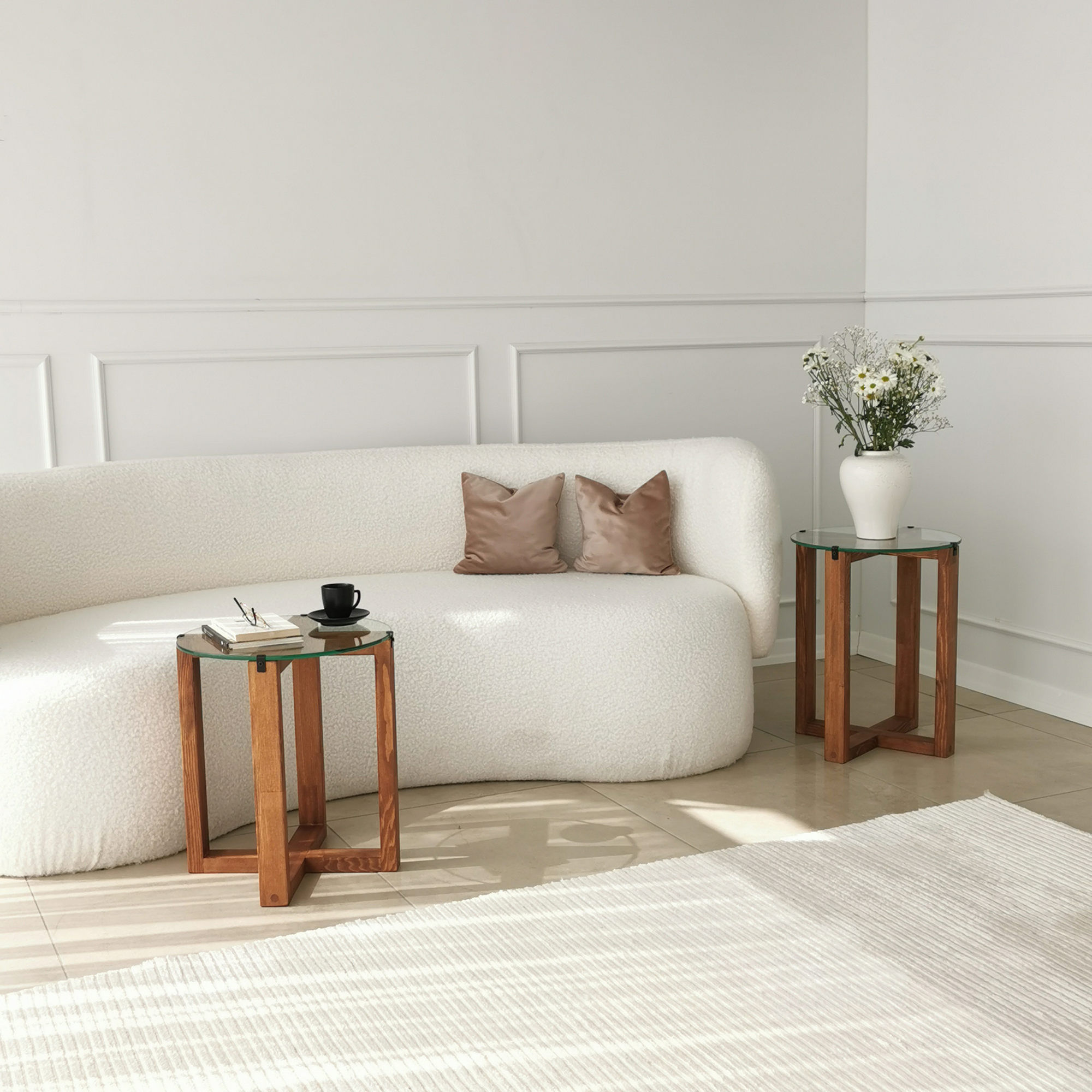Set masute de cafea, Hanah Home, sticla calita si lemn masiv, nuc, diametru 40 cm, inaltime 45/50 cm — imaginea 4