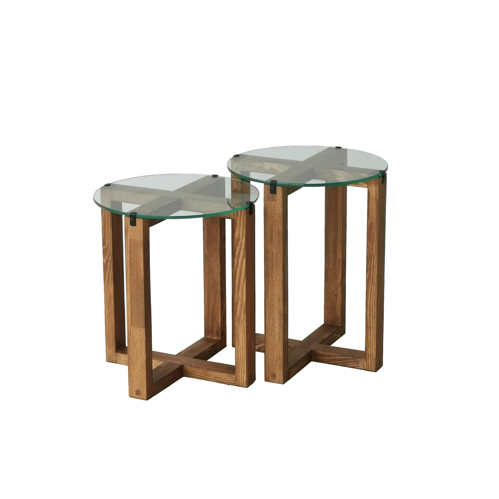 Set masute de cafea, Hanah Home, sticla calita si lemn masiv, nuc, diametru 40 cm, inaltime 45/50 cm — imaginea 5