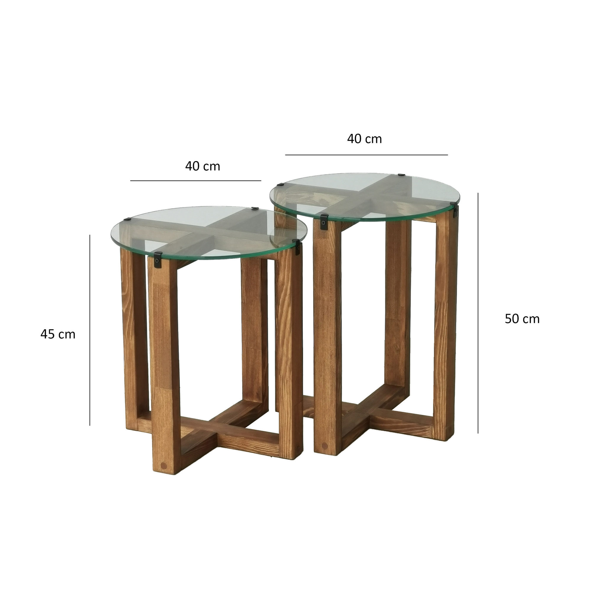 Set masute de cafea, Hanah Home, sticla calita si lemn masiv, nuc, diametru 40 cm, inaltime 45/50 cm — imaginea 9