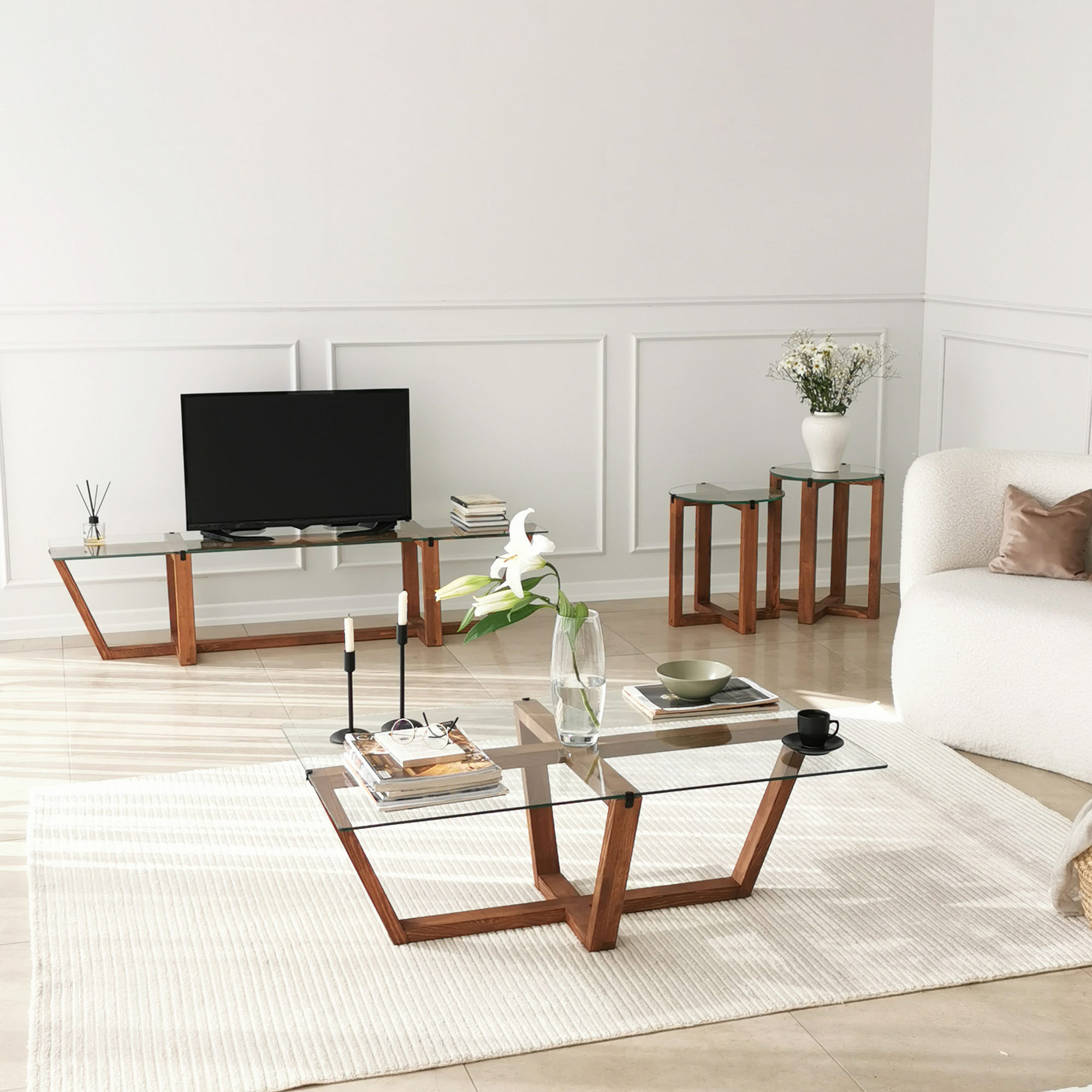 Set masute de cafea, Hanah Home, sticla calita si lemn masiv, nuc, diametru 40 cm, inaltime 45/50 cm — imaginea 11
