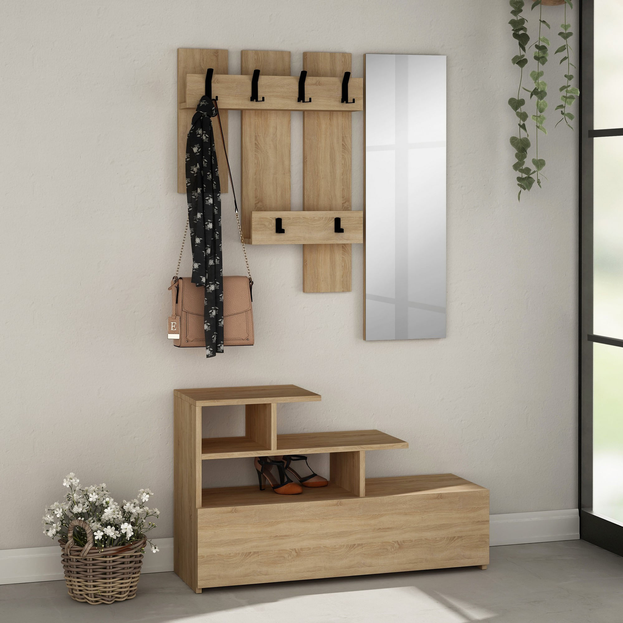 Cuier hol, Hanah Home, pal melaminat, stejar, 100x61x30 cm — imaginea 3