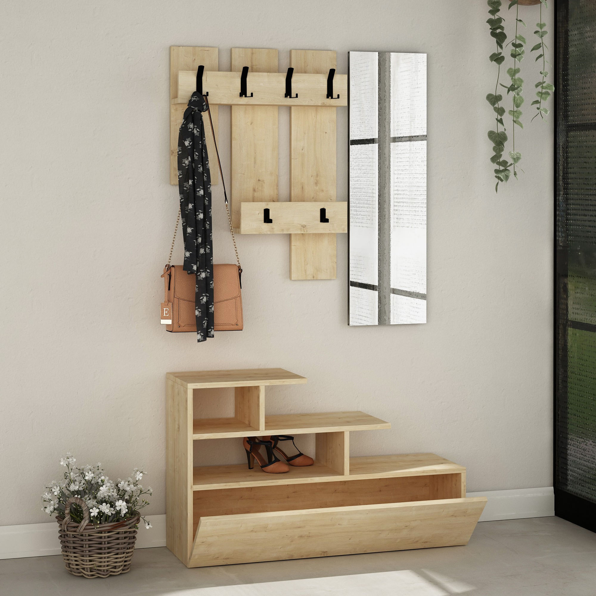 Cuier hol, Hanah Home, pal melaminat, stejar, 100x61x30 cm — imaginea 4