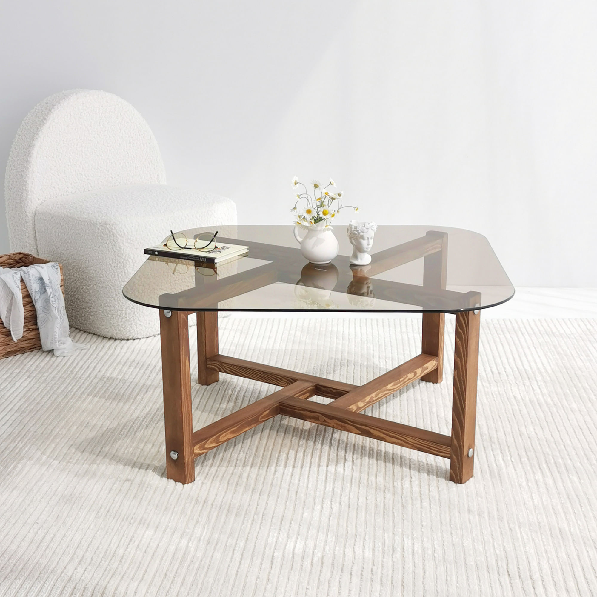 Masuta de cafea, Hanah Home, sticla securizata si lemn masiv de pin, stejar, 80x40x80 cm — imaginea 2