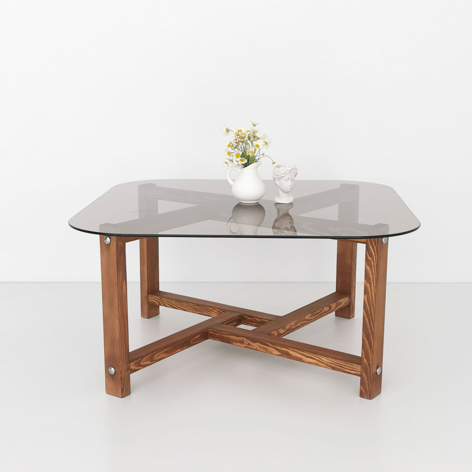 Masuta de cafea, Hanah Home, sticla securizata si lemn masiv de pin, stejar, 80x40x80 cm — imaginea 3