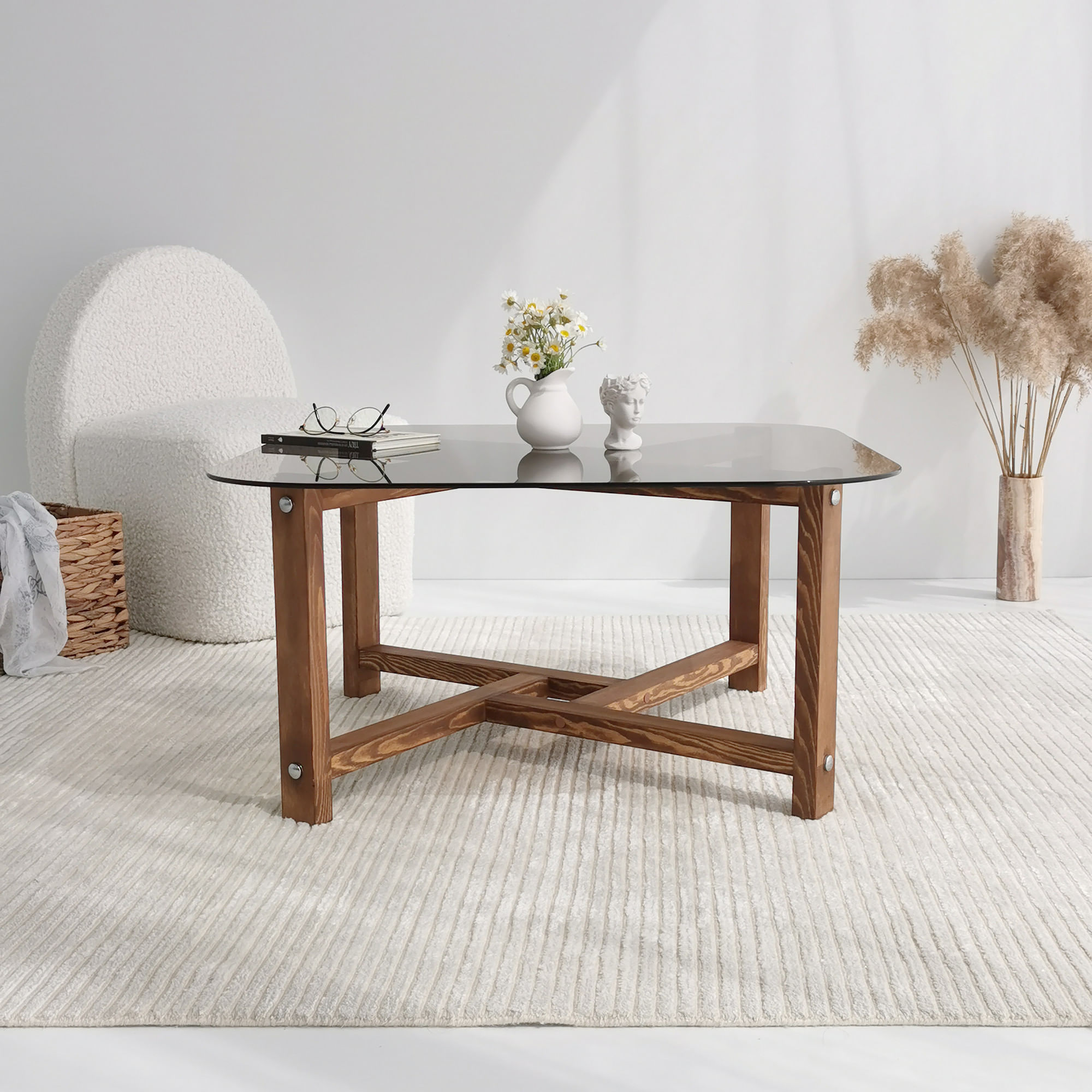 Masuta de cafea, Hanah Home, sticla securizata si lemn masiv de pin, stejar, 80x40x80 cm — imaginea 5