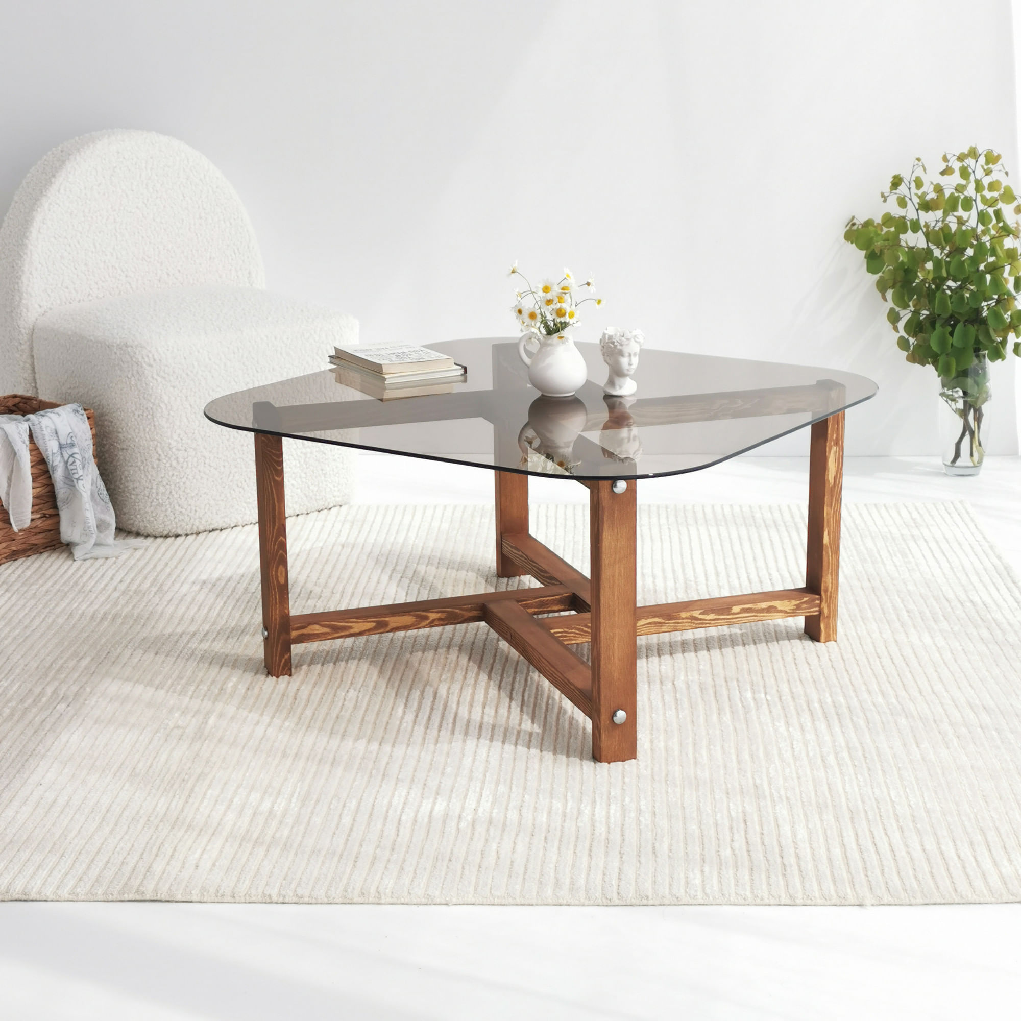 Masuta de cafea, Hanah Home, sticla securizata si lemn masiv de pin, stejar, 80x40x80 cm — imaginea 7