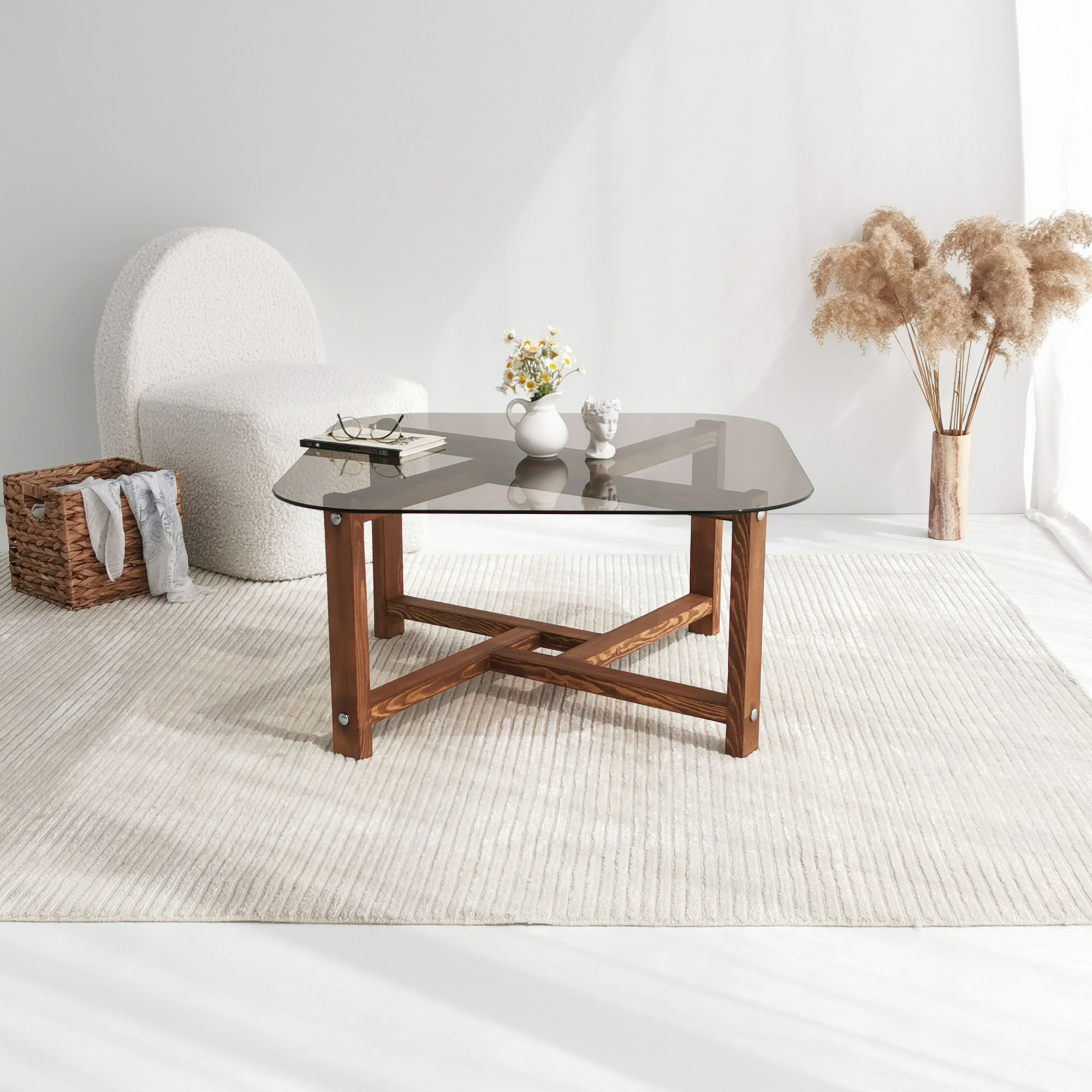 Masuta de cafea, Hanah Home, sticla securizata si lemn masiv de pin, stejar, 80x40x80 cm — imaginea 8