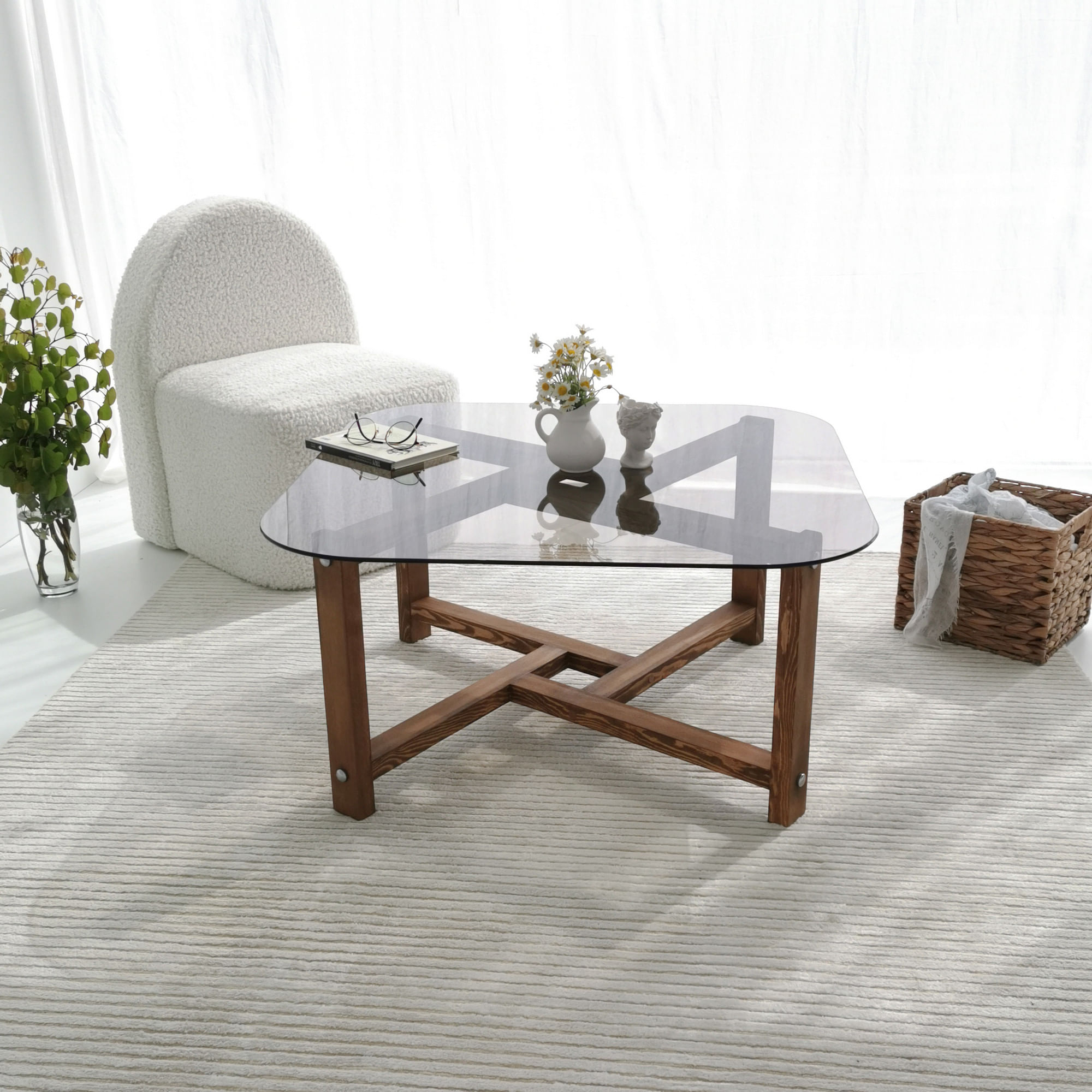 Masuta de cafea, Hanah Home, sticla securizata si lemn masiv de pin, stejar, 80x40x80 cm — imaginea 9