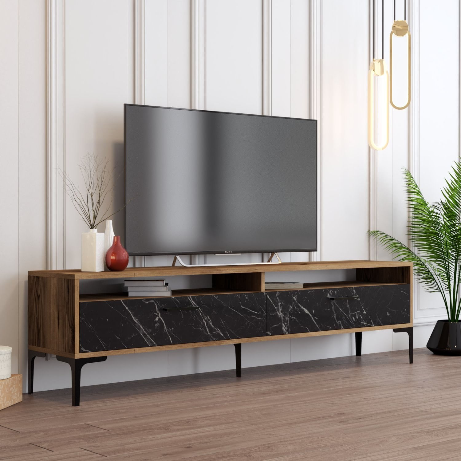 Comoda tv, Hanah Home, pal melaminat, nuc si marmura neagra, 180x47x35 cm — imaginea 2