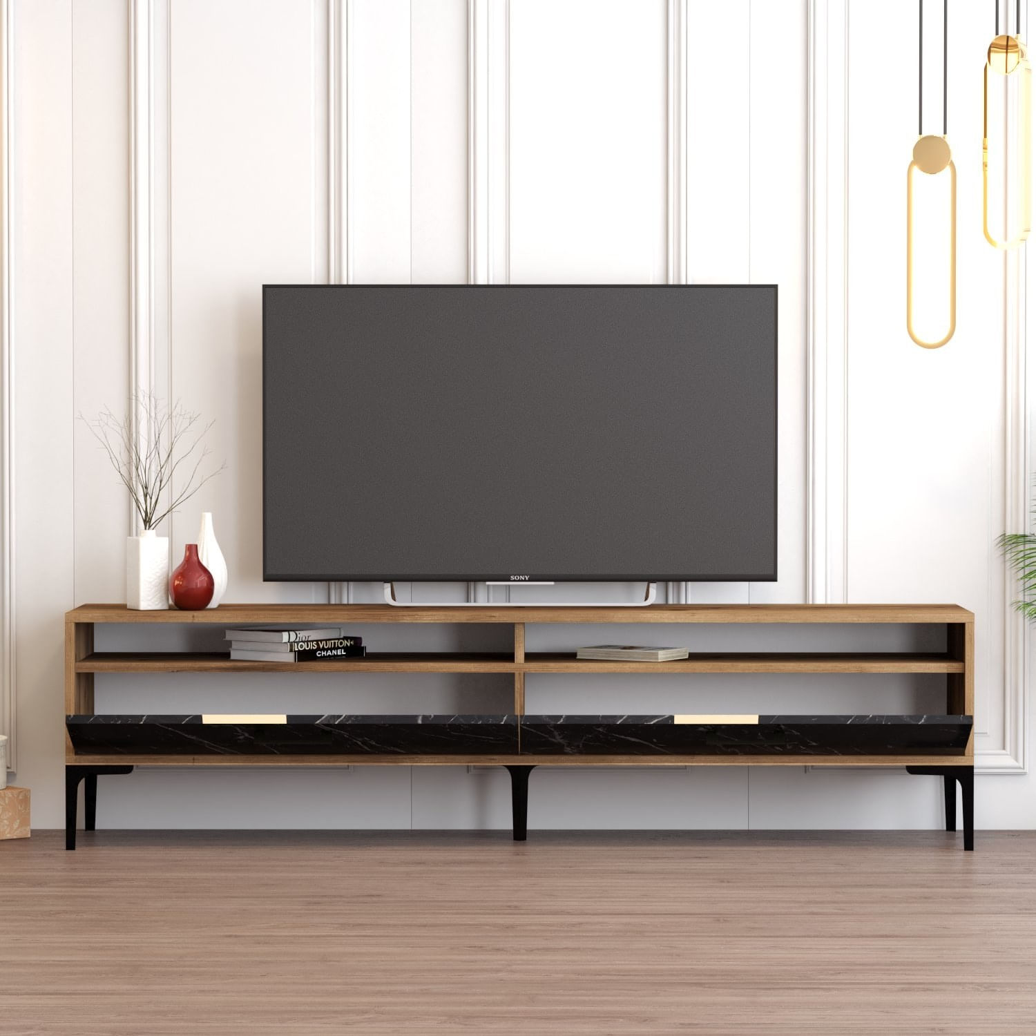 Comoda tv, Hanah Home, pal melaminat, nuc si marmura neagra, 180x47x35 cm — imaginea 4