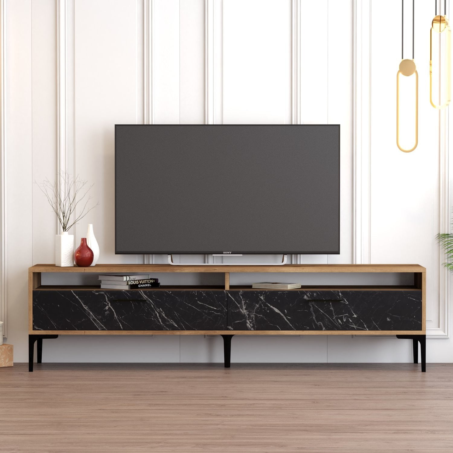 Comoda tv, Hanah Home, pal melaminat, nuc si marmura neagra, 180x47x35 cm — imaginea 6