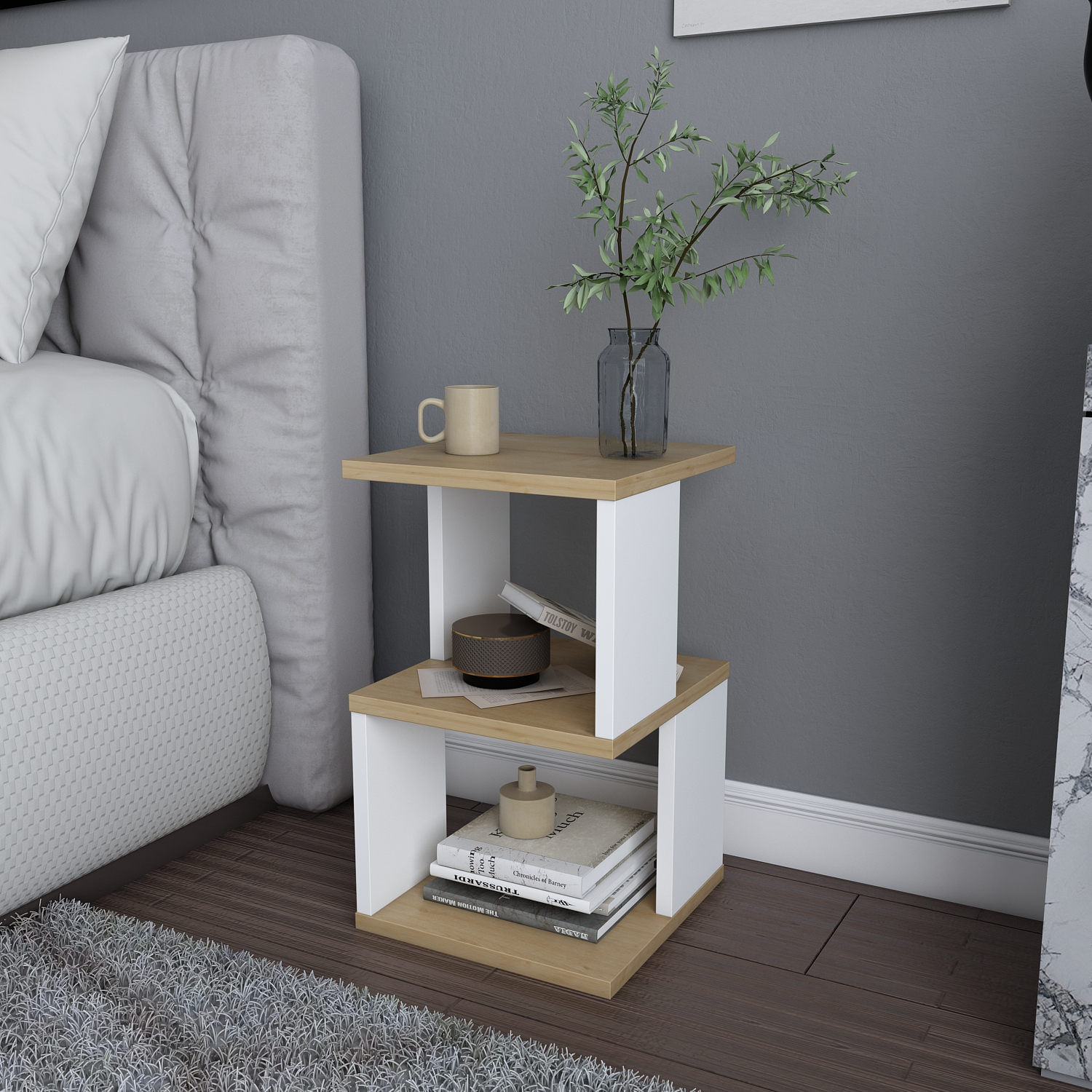 Noptiera, Hanah Home, pal melaminat, stejar si alb, 29.6x29.6x49.4 cm — imaginea 3