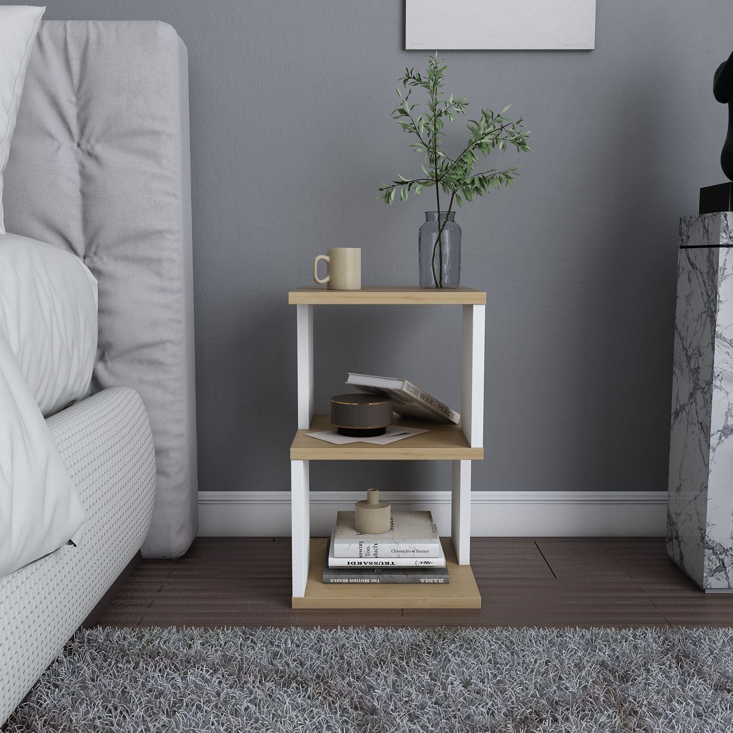 Noptiera, Hanah Home, pal melaminat, stejar si alb, 29.6x29.6x49.4 cm — imaginea 5