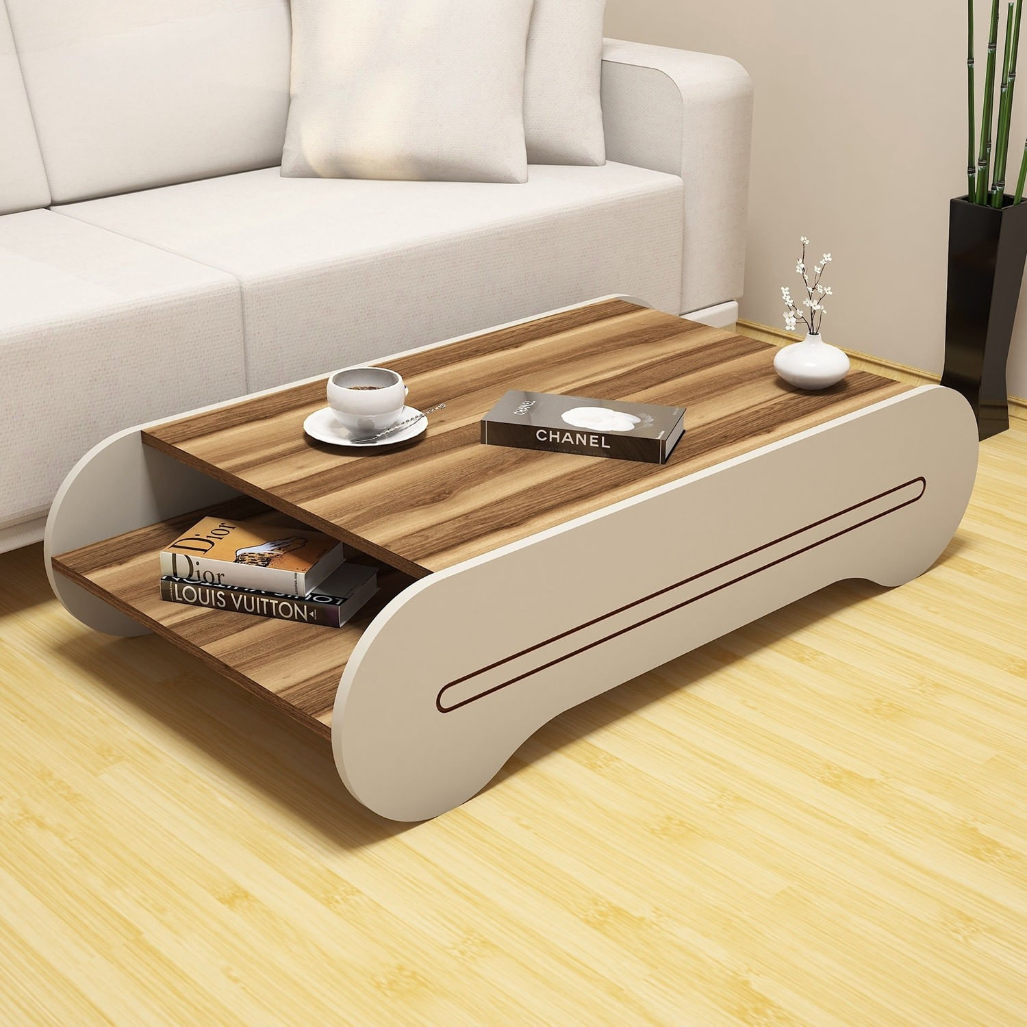 Masuta de cafea, Hanah Home, pal melaminat, nuc si crem, 120x63.6x30 cm — imaginea 2