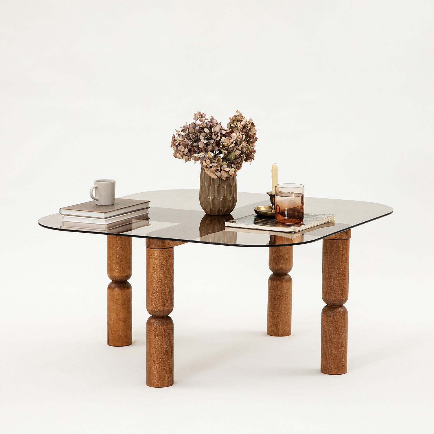 Masuta de cafea, Hanah Home, lemn masiv, sticla securizata, nuc, bronz, 80x80x40 cm — imaginea 2