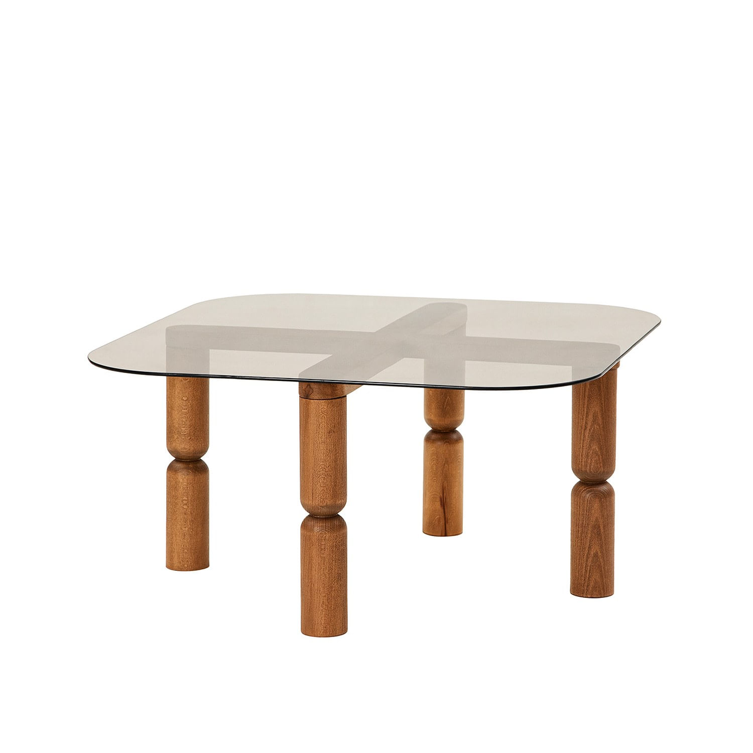Masuta de cafea, Hanah Home, lemn masiv, sticla securizata, nuc, bronz, 80x80x40 cm — imaginea 3