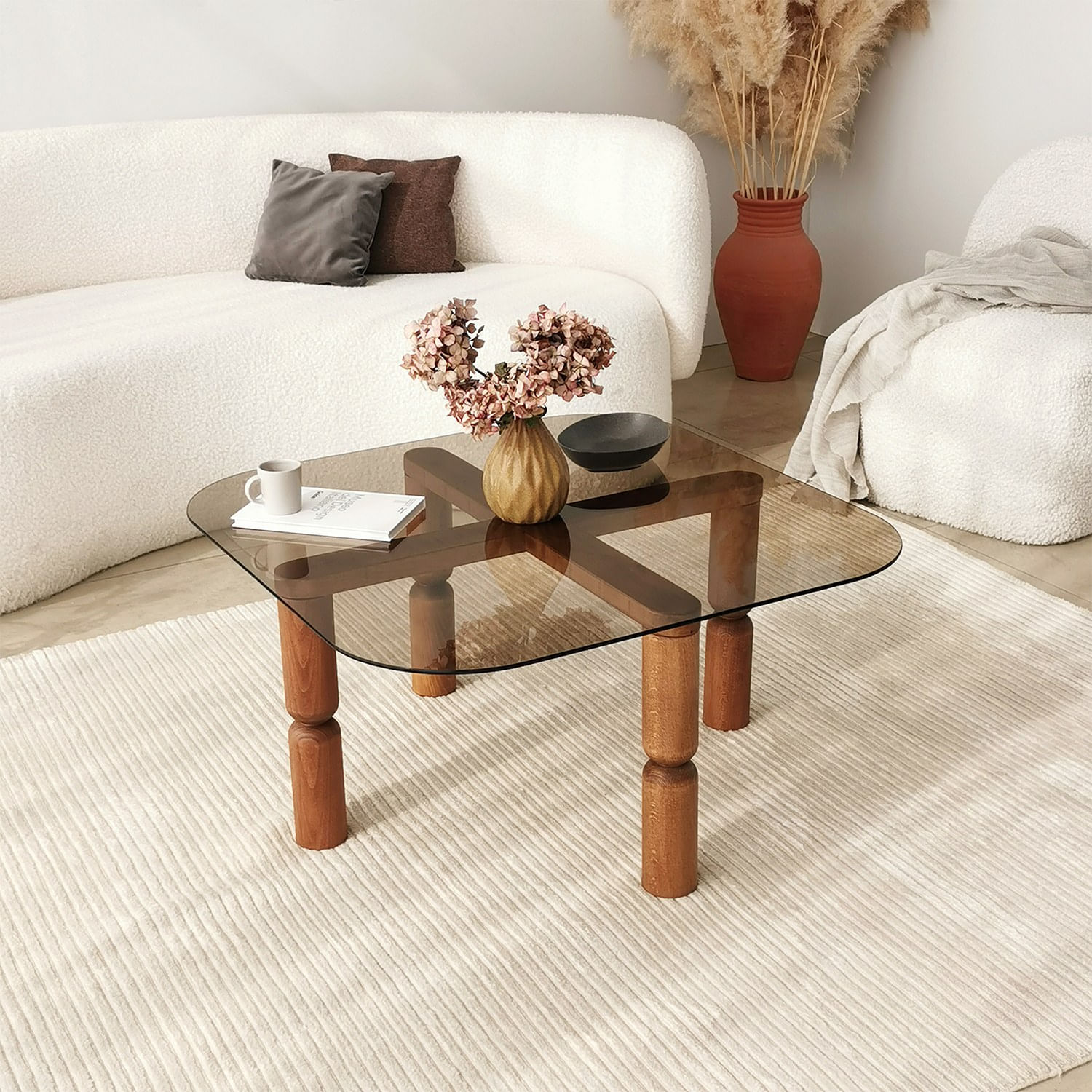 Masuta de cafea, Hanah Home, lemn masiv, sticla securizata, nuc, bronz, 80x80x40 cm — imaginea 5