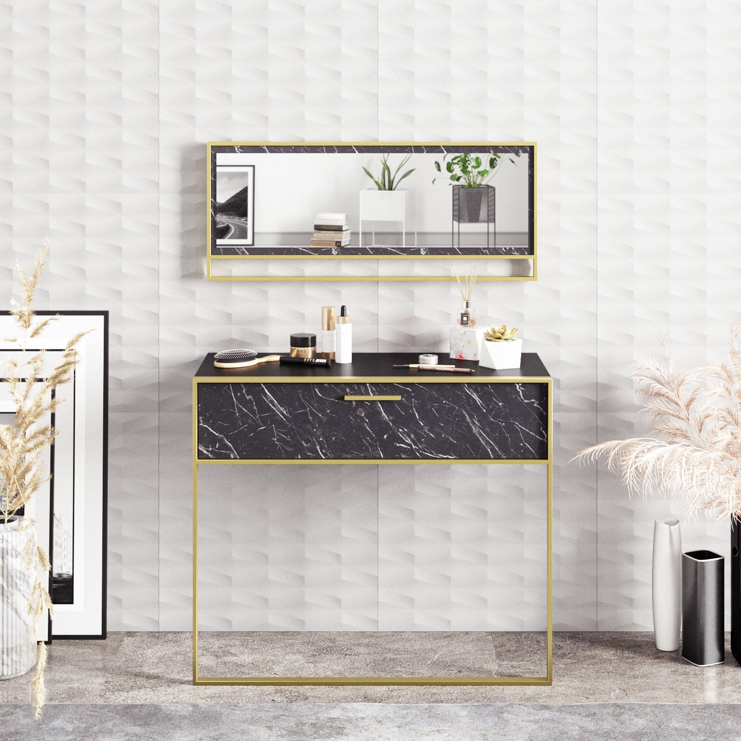 Masuta de toaleta, Hanah Home, pal melaminat, auriu si negru, 90x38.5x76.8 cm — imaginea 3