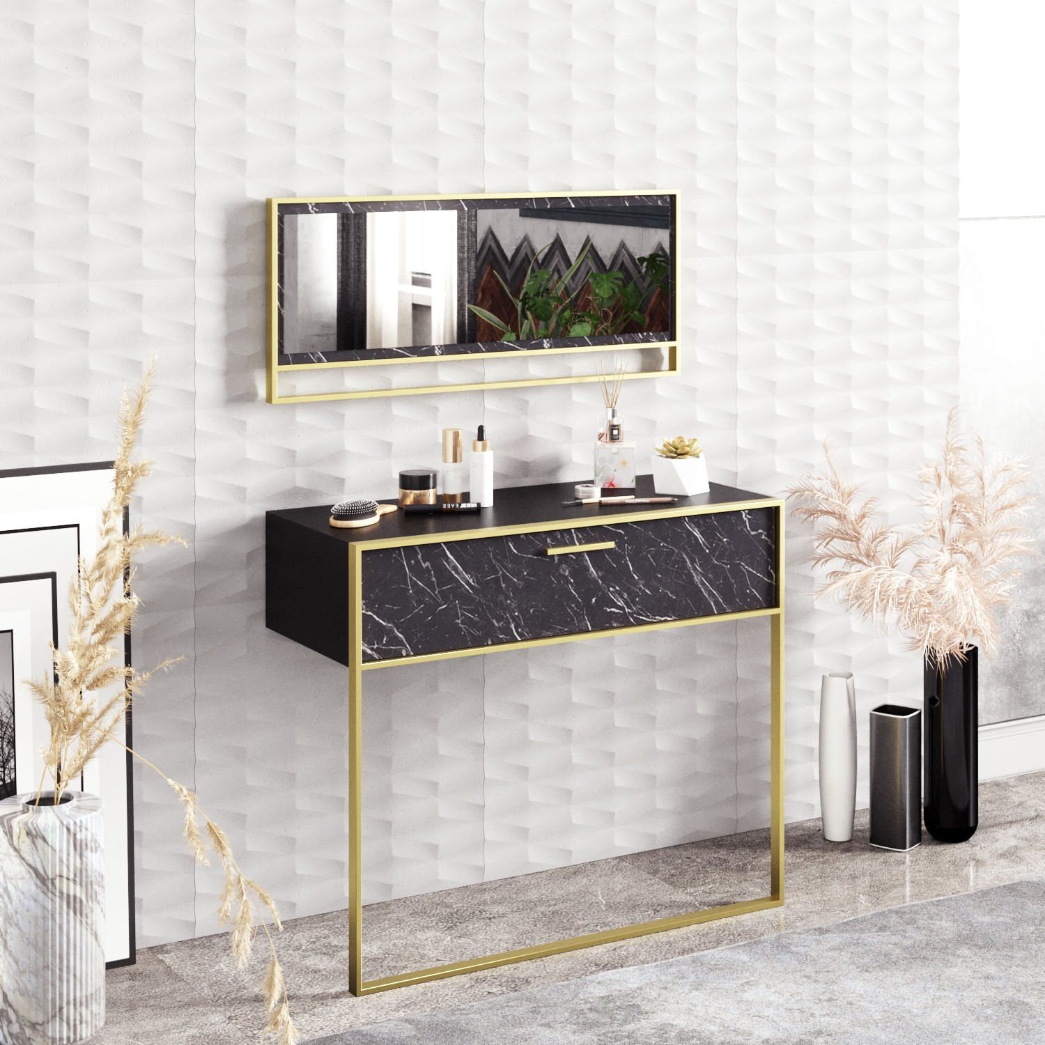Masuta de toaleta, Hanah Home, pal melaminat, auriu si negru, 90x38.5x76.8 cm — imaginea 4