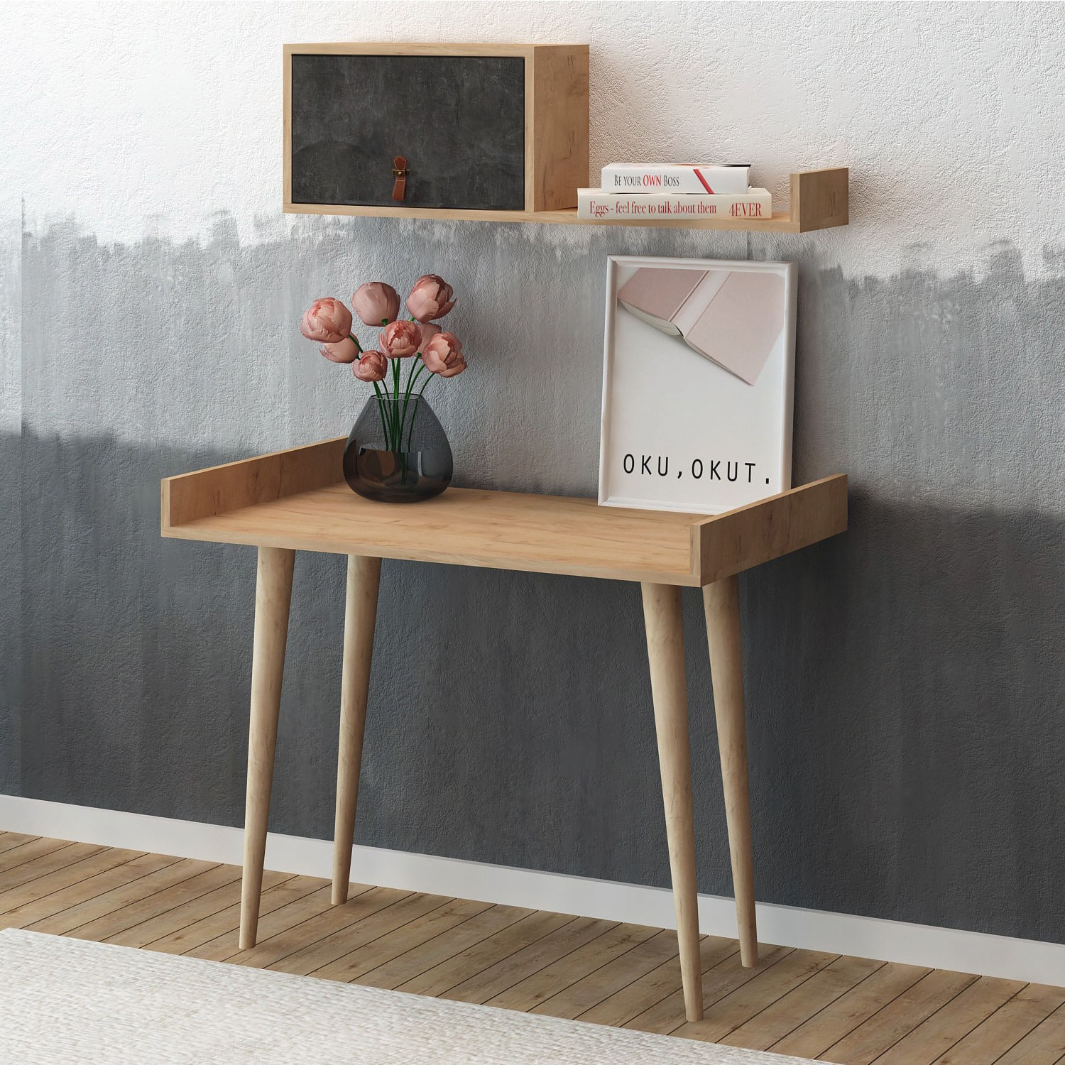 Birou de studiu, Hanah Home, pal melaminat, stejar si gri inchis, 100x60x81 cm