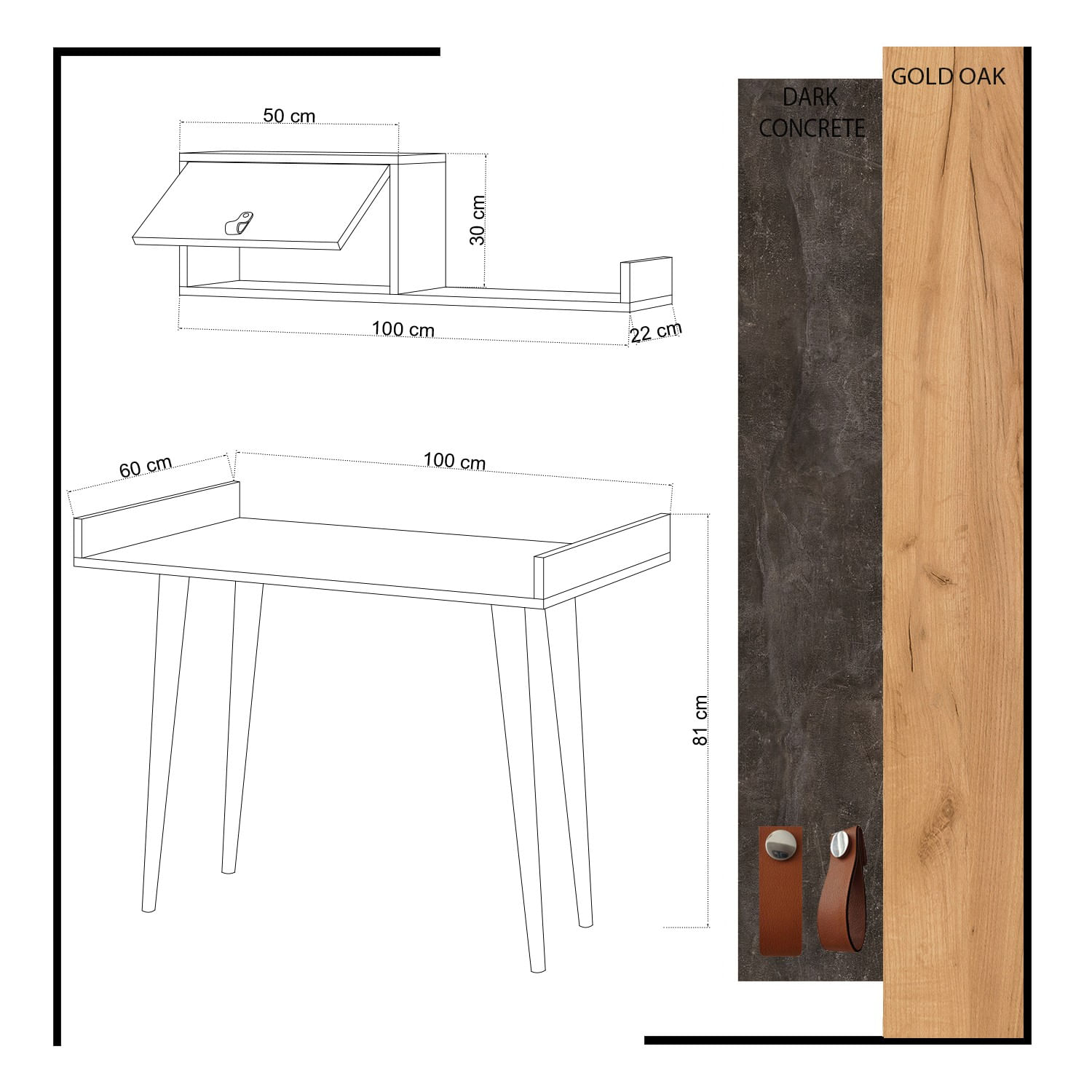 Birou de studiu, Hanah Home, pal melaminat, stejar si gri inchis, 100x60x81 cm — imaginea 3