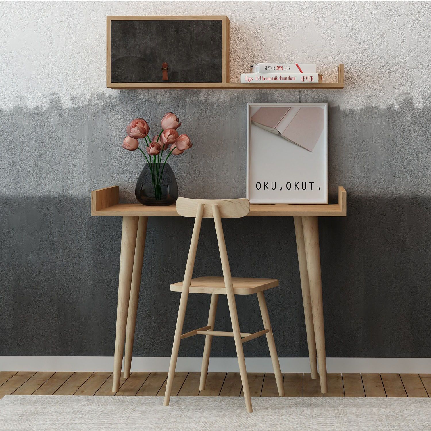 Birou de studiu, Hanah Home, pal melaminat, stejar si gri inchis, 100x60x81 cm — imaginea 4