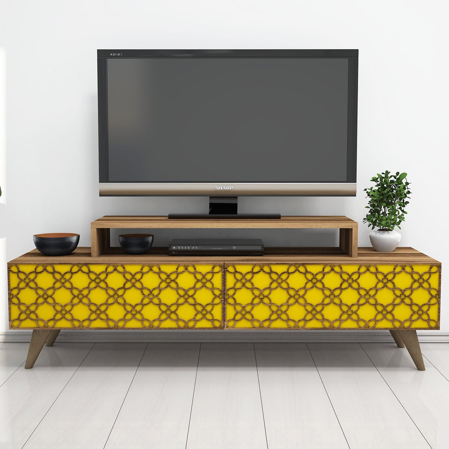 Comoda tv, Hanah Home, pal melaminat, nuc si galben, 140x41.8x48.8 cm — imaginea 4