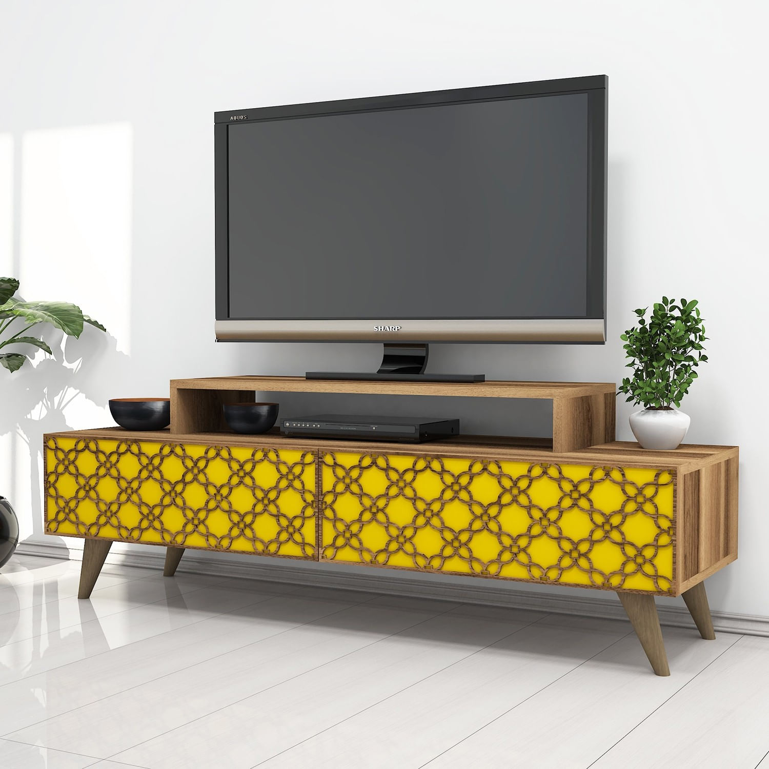 Comoda tv, Hanah Home, pal melaminat, nuc si galben, 140x41.8x48.8 cm — imaginea 5