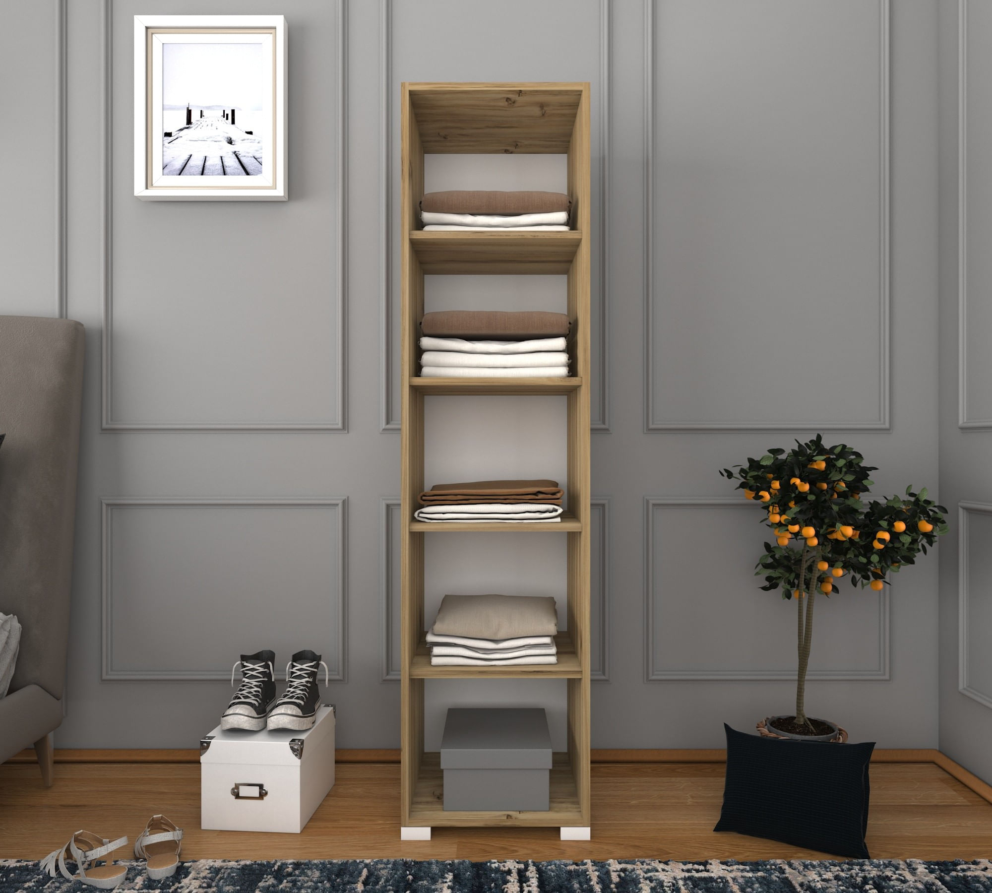 Sifonier, Hanah Home, pal melaminat, nuc deschis si alb, 40x45x183 cm — imaginea 2