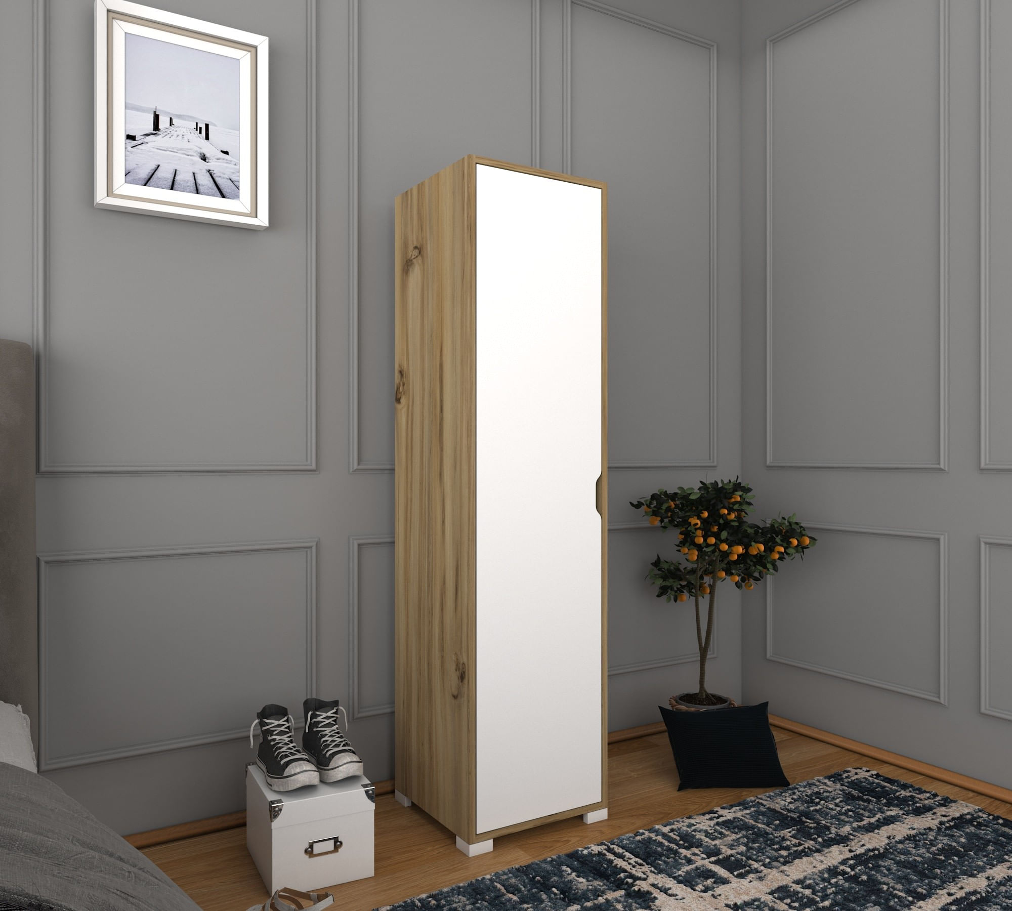 Sifonier, Hanah Home, pal melaminat, nuc deschis si alb, 40x45x183 cm — imaginea 3