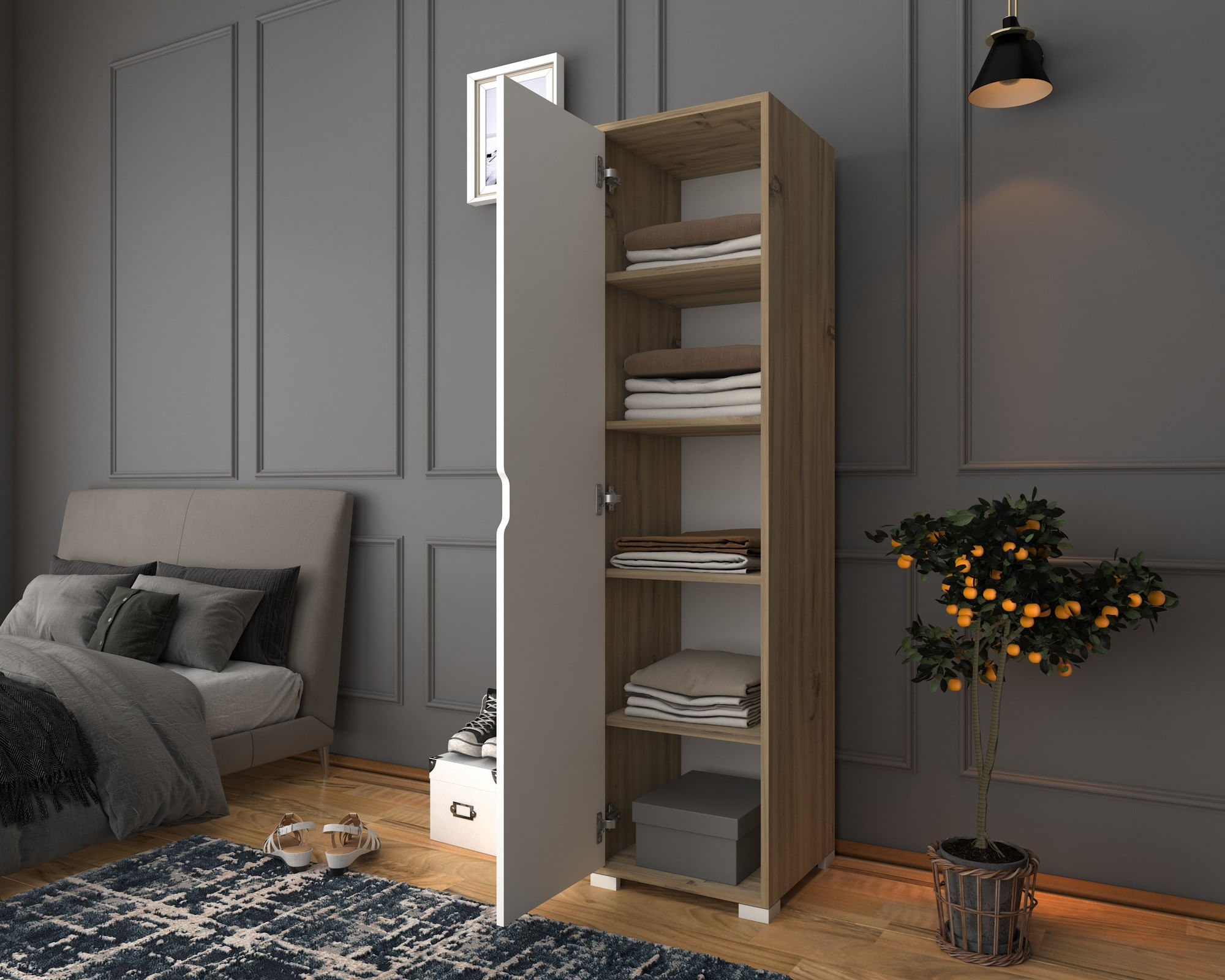 Sifonier, Hanah Home, pal melaminat, nuc deschis si alb, 40x45x183 cm — imaginea 5
