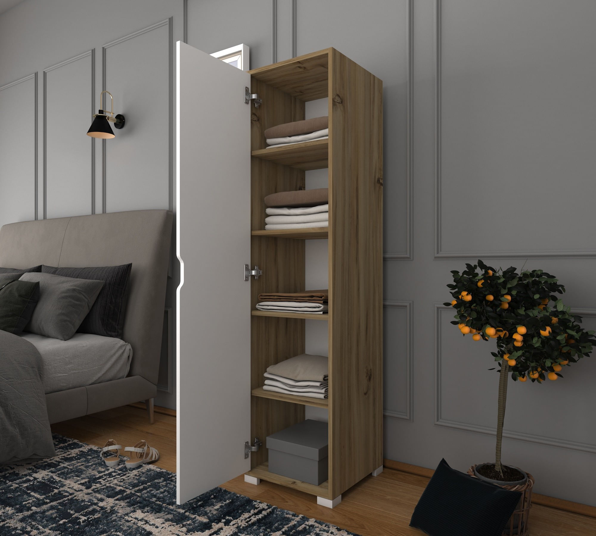 Sifonier, Hanah Home, pal melaminat, nuc deschis si alb, 40x45x183 cm — imaginea 6
