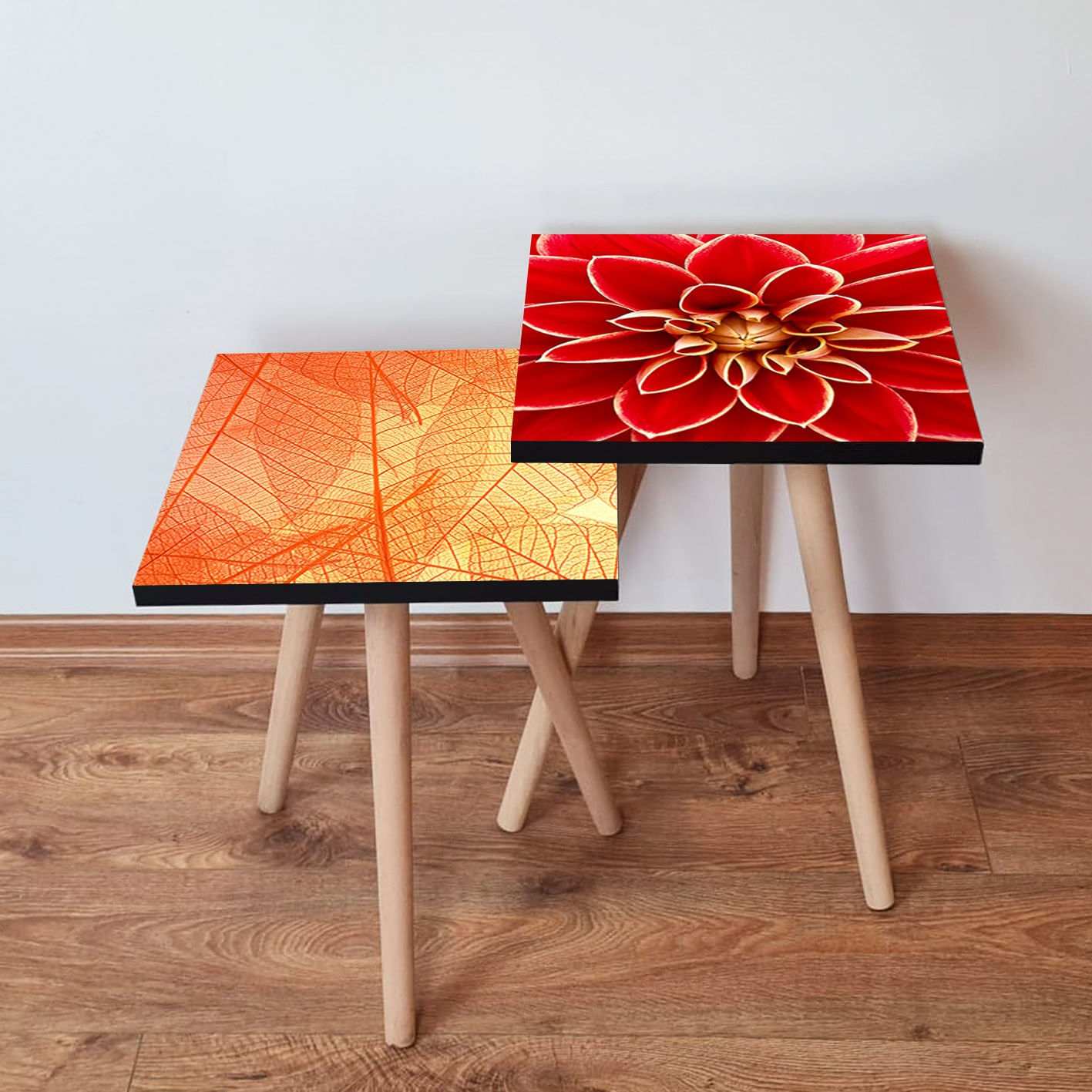 Set masute de cafea, Hanah Home, mdf, portocaliu galben rosu, 35x35x47 cm, picioare lemn fag