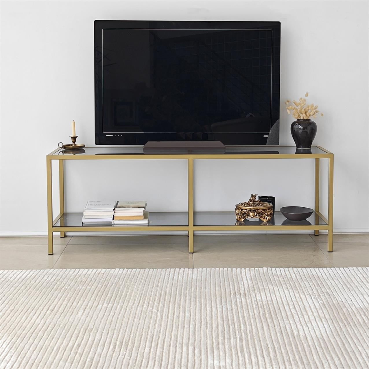 Comoda tv, Hanah Home, sticla securizata, metal, gri inchis, auriu, 130x45x40 cm — imaginea 2